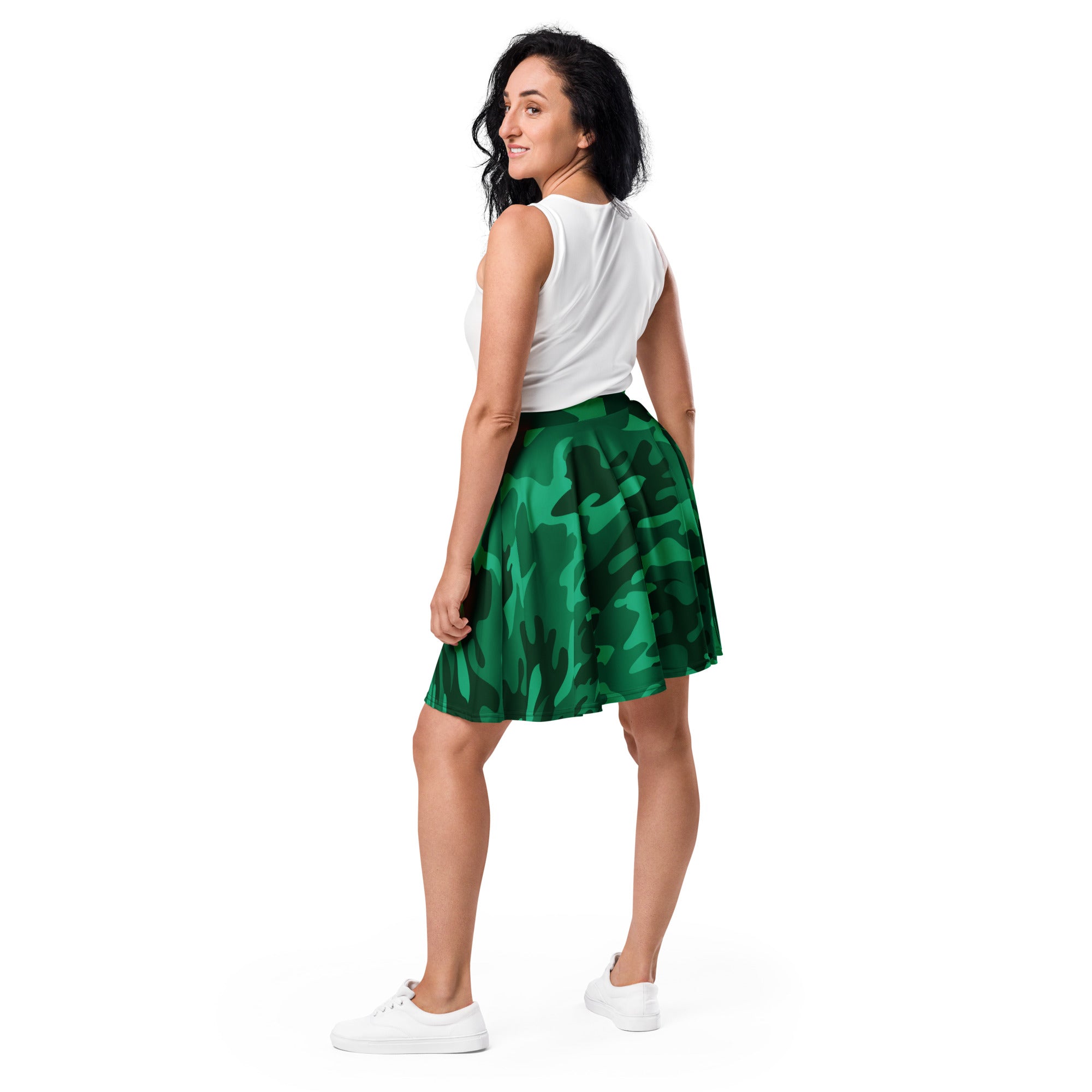 Women’s green camouflage skater skirt with flared flowy design high waisted made from recycled fabric with upf 50+ protection