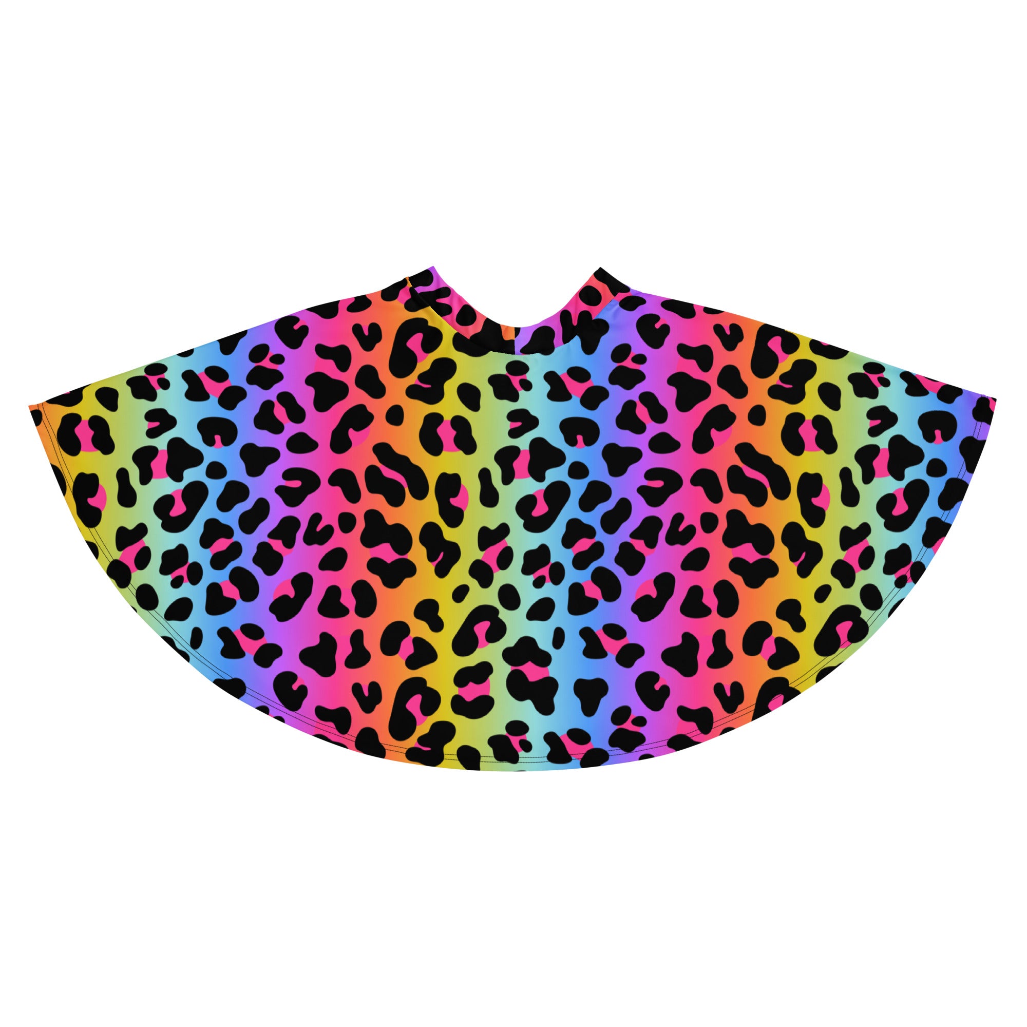 Women’s rainbow leopard skater skirt with vibrant pink yellow blue purple gradient flowy high waisted fabric