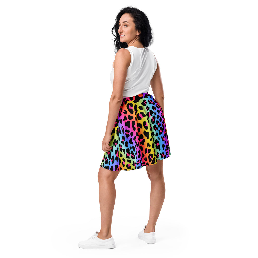A vibrant rainbow leopard skater skirt with flowy high waist made from recycled fabric and UPF 50 plus protection