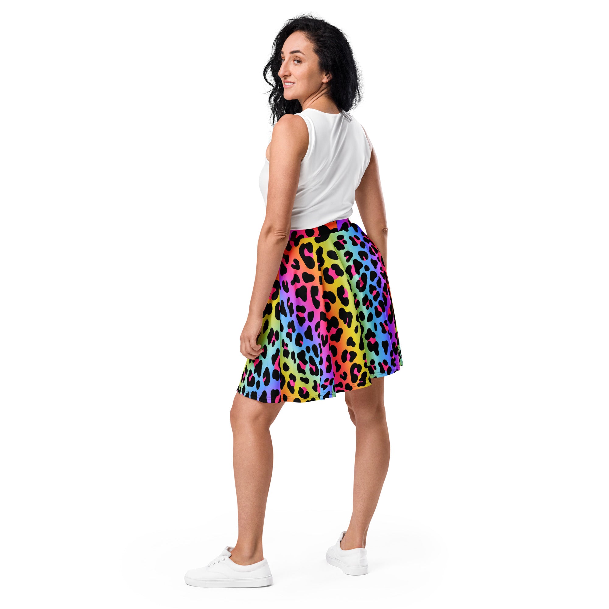 A vibrant rainbow leopard skater skirt with flowy high waist made from recycled fabric and UPF 50 plus protection