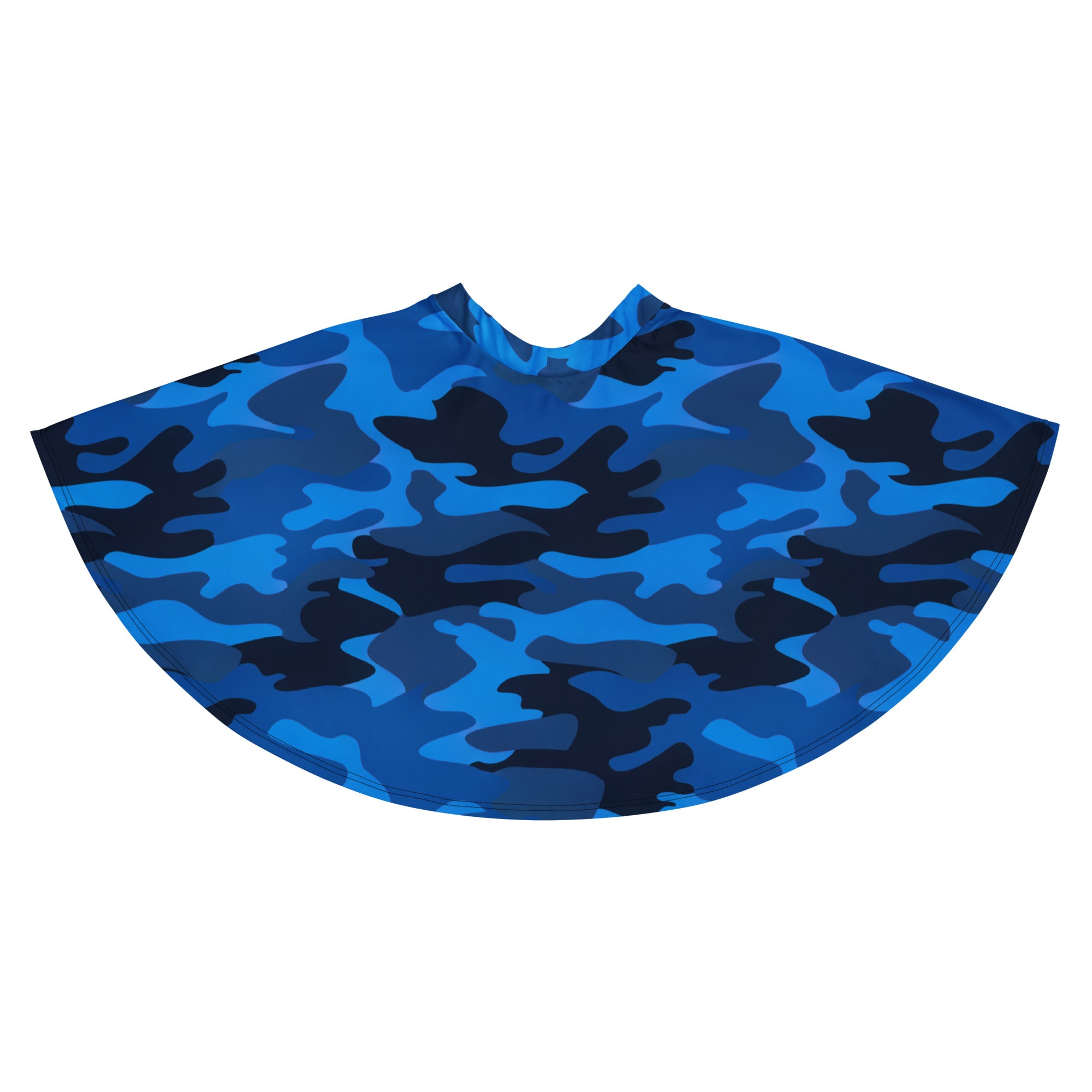 Women’s blue and black camouflage skater skirt with flowy high waist made from recycled fabric with upf 50 plus
