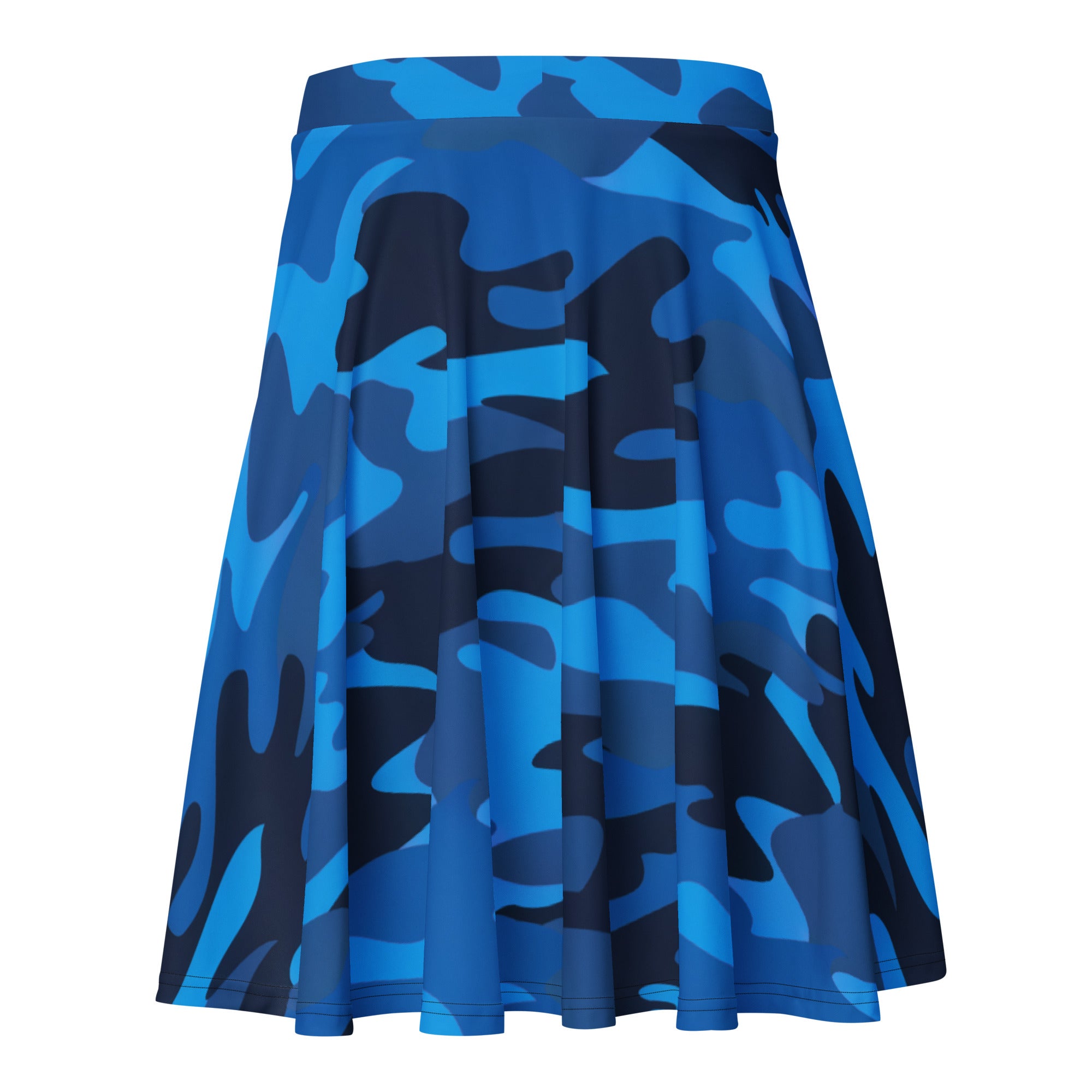 Women’s blue camouflage skater skirt with flared hem stretchy recycled fabric and upf 50 plus protection