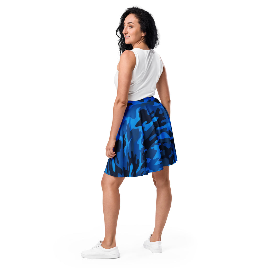 A flared blue camouflage skater skirt with a flowing a-line silhouette made from recycled fabric with upf 50+