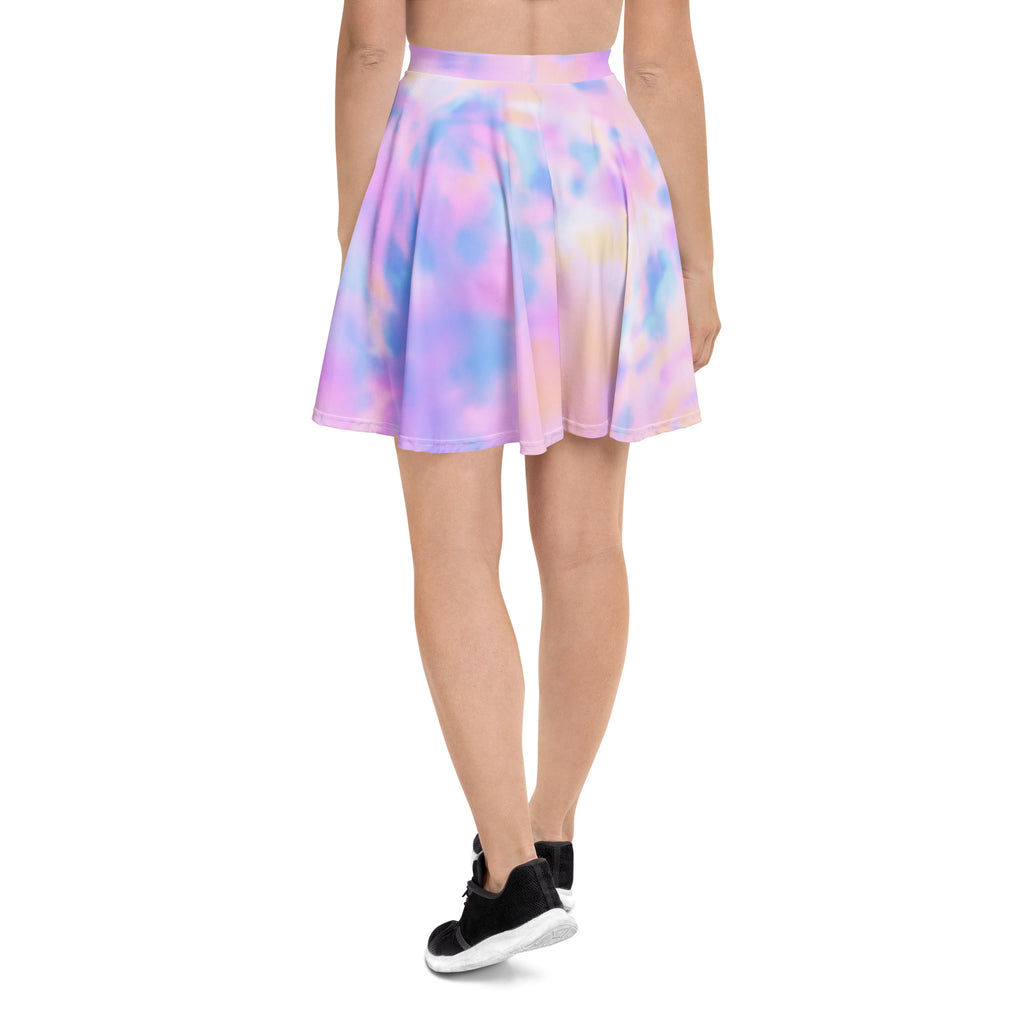 Women’s pastel watercolor tie dye skater skirt with soft pleats high waisted flowy fabric upf 50 plus recycled material
