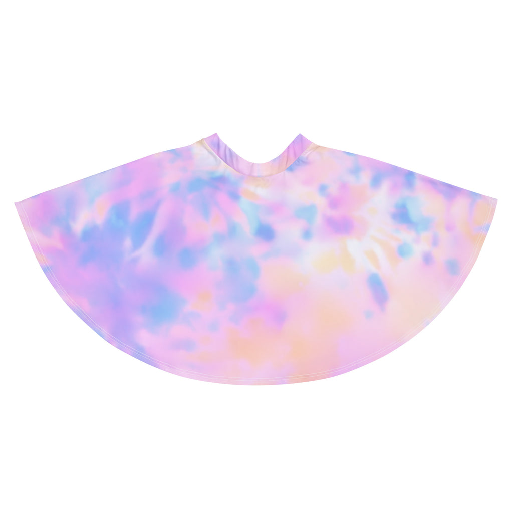 Pastel tie dye hair cutting cape with soft flowing fabric and rounded neckline perfect for professional use