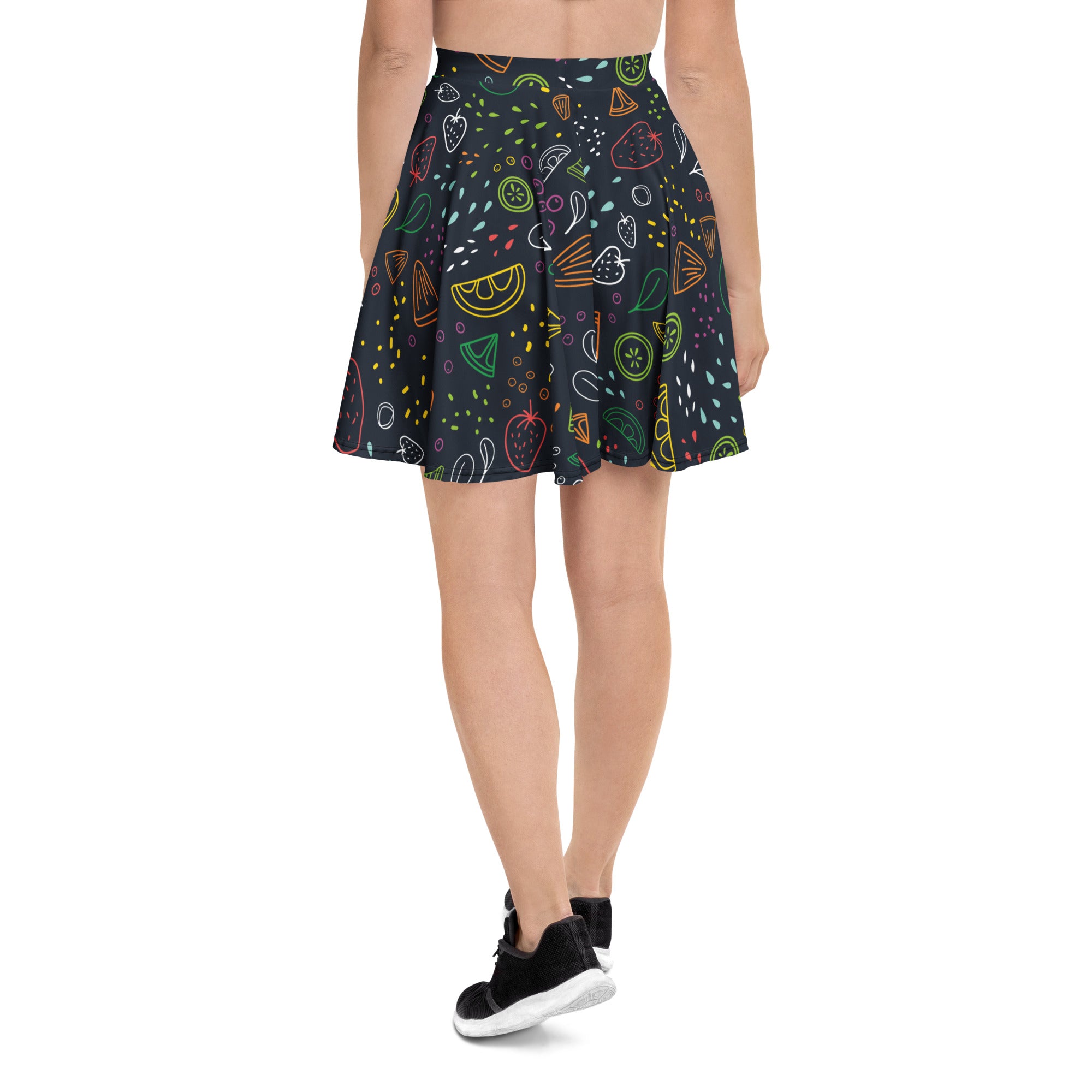Women’s black neon fruit skater skirt with pleats high waisted flowy upf 50 plus recycled fabric