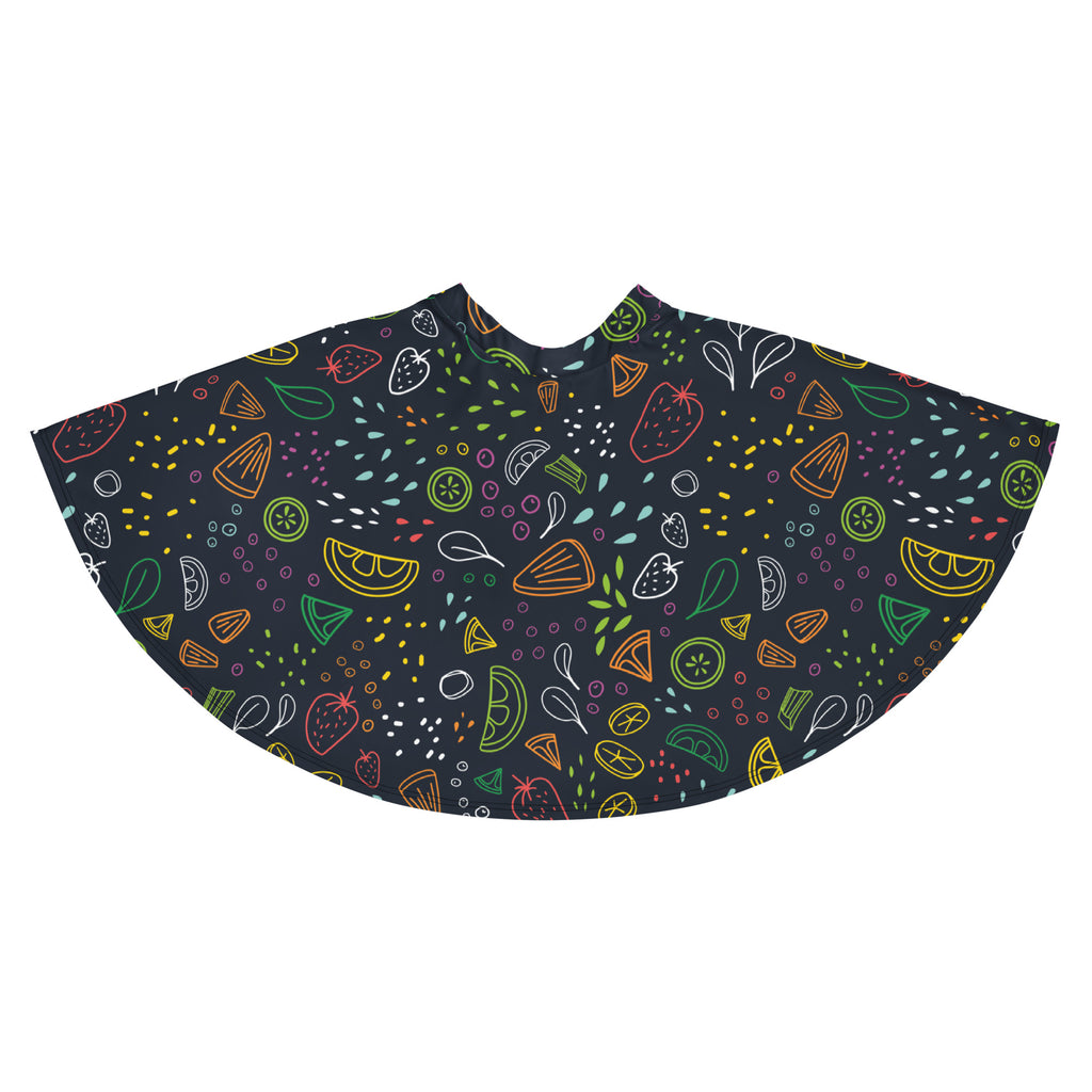 A vibrant dark navy women’s neon fruit skater skirt with colorful patterns made of recycled fabric and UPF 50+ protection
