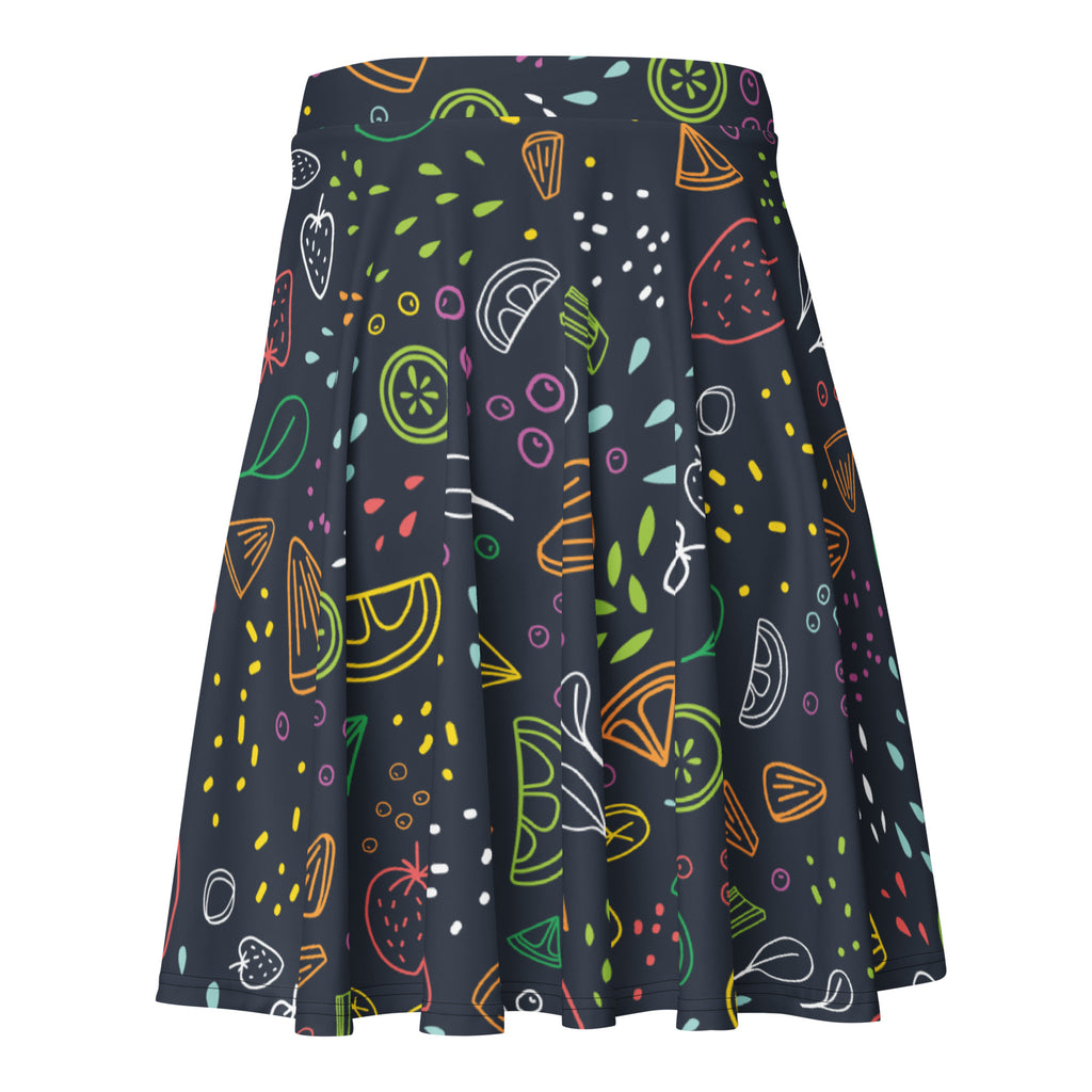 A navy blue women’s neon fruit skater skirt with pleats high waisted flowy fabric and upf 50 plus recycled material