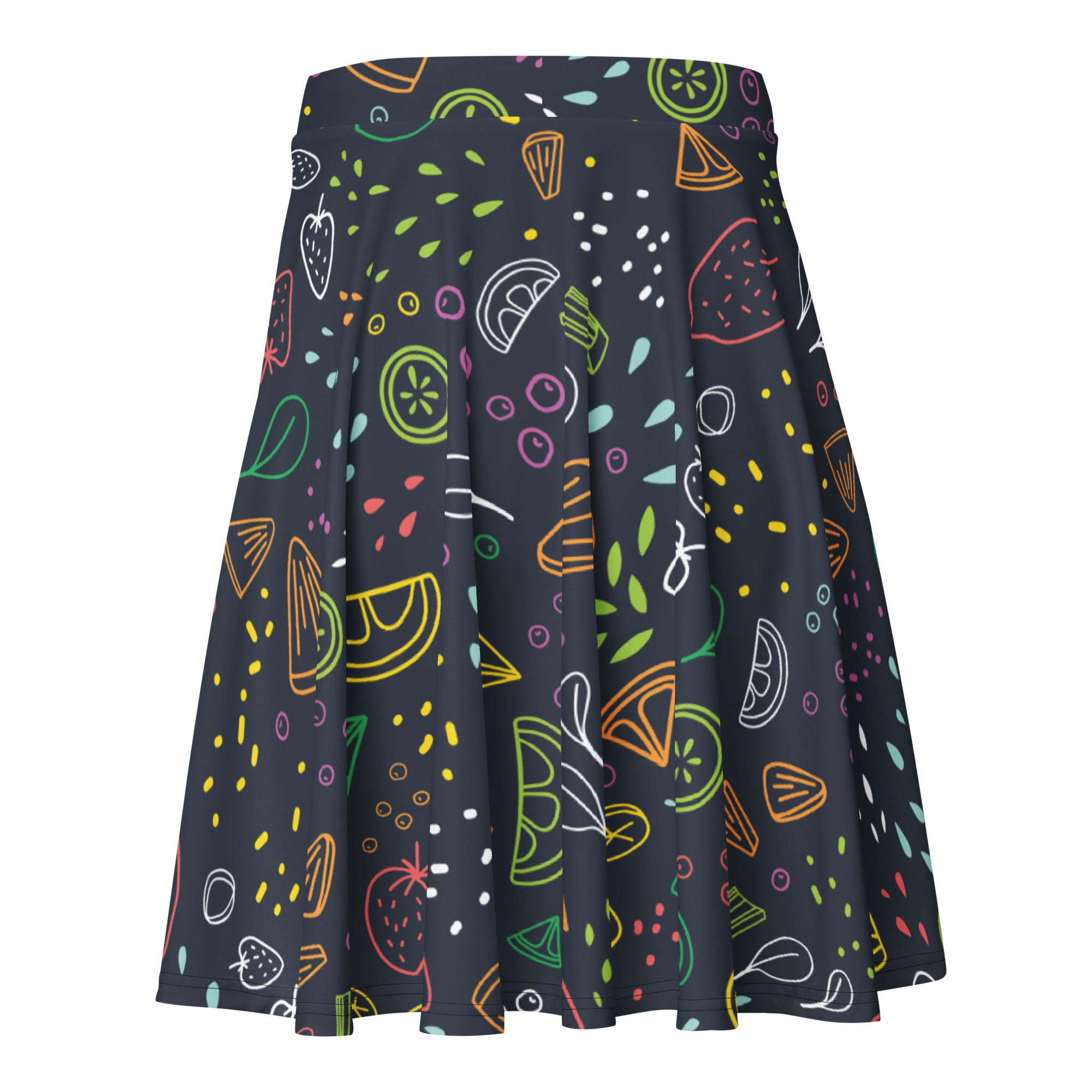 A navy blue women’s neon fruit skater skirt with pleats high waisted flowy fabric and upf 50 plus recycled material