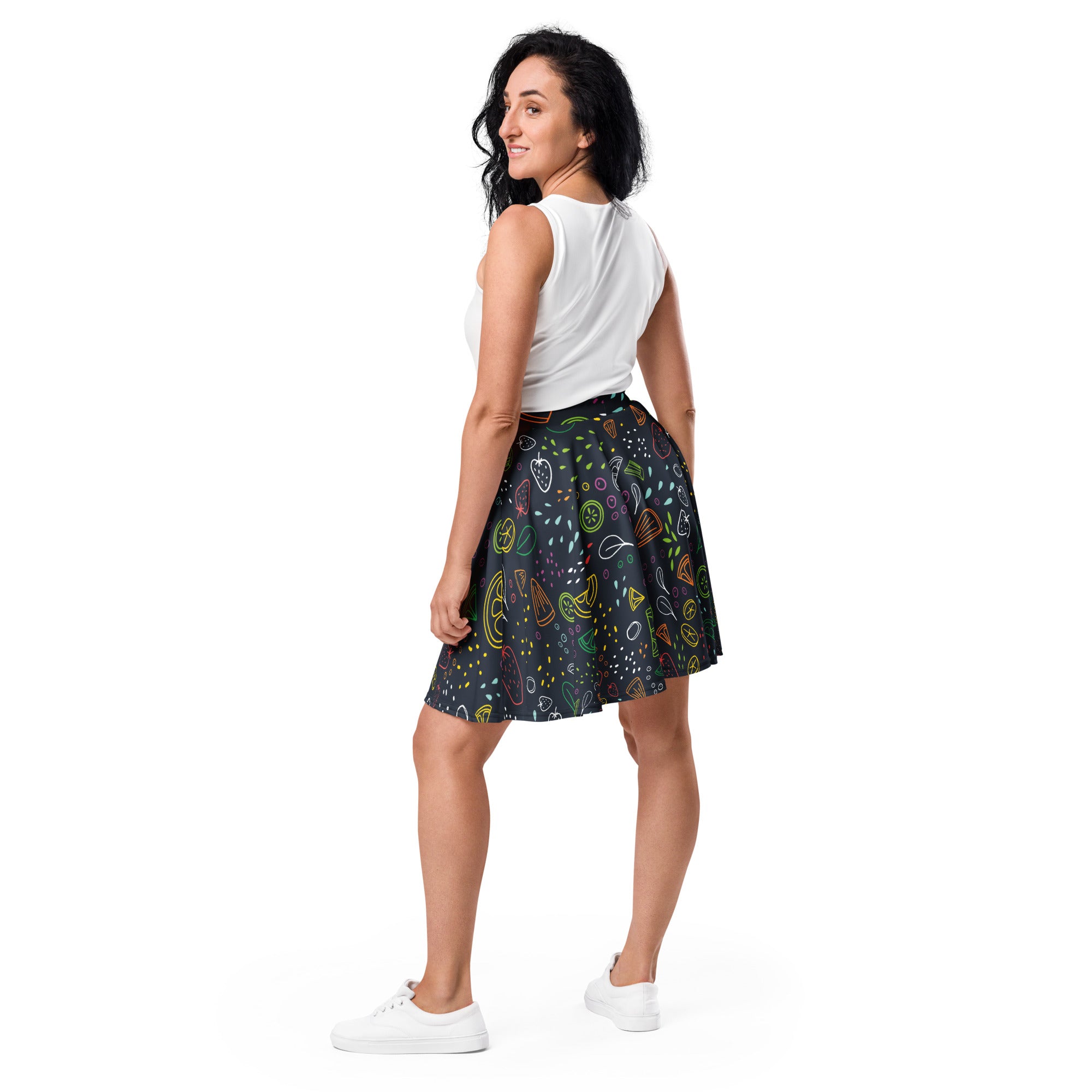Women’s black pleated neon fruit skater skirt with colorful peace signs flowy high waisted upf 50 plus recycled fabric