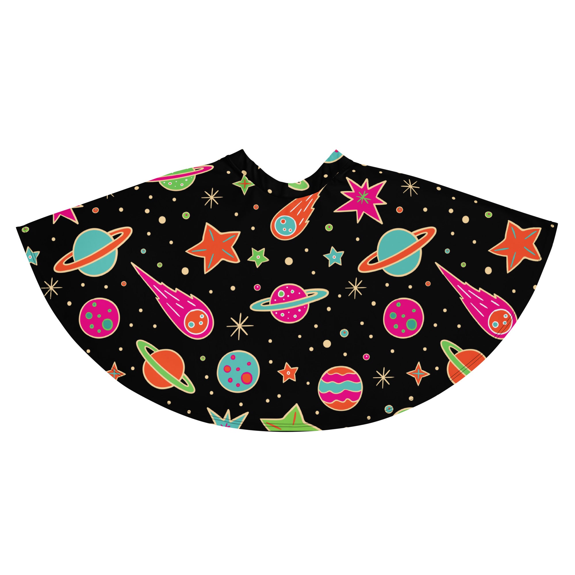Women’s retro space skater skirt with vibrant colorful planets stars comets on black high waisted flowy recycled fabric