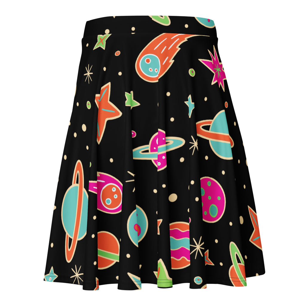 Women’s retro black pleated space skater skirt with colorful planet print, high waisted, UPF 50+, recycled fabric