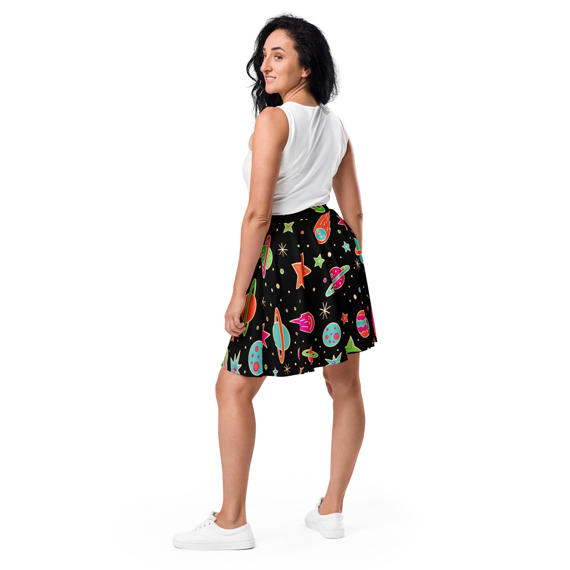 Women’s retro space skater skirt black pleated with colorful planets stars rockets flowy high waisted upf 50 recycled fabric