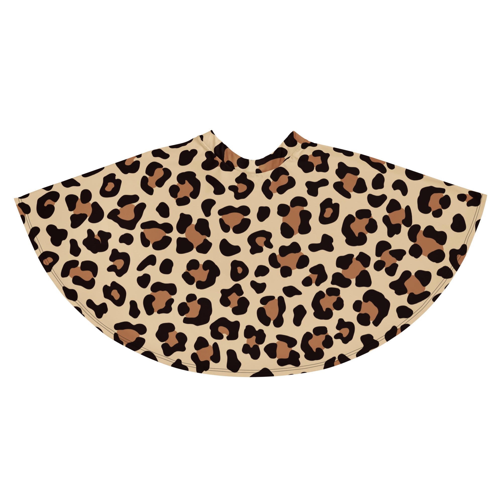 A beige leopard print cape with black and brown spots made from recycled fabric with upf 50 plus protection