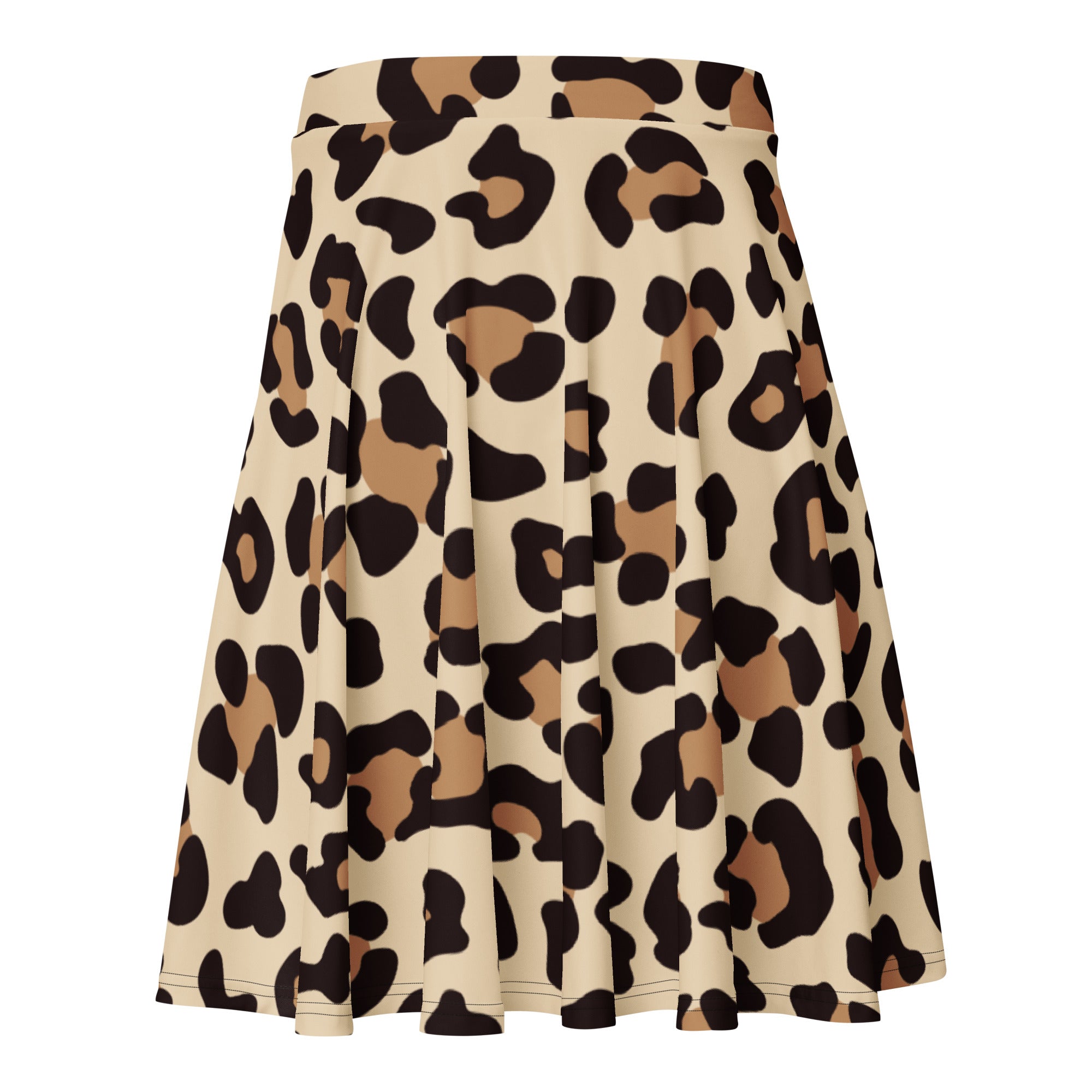 Pleated leopard print skater skirt in beige black and tan with flowy high waisted design and upf 50 plus recycled fabric
