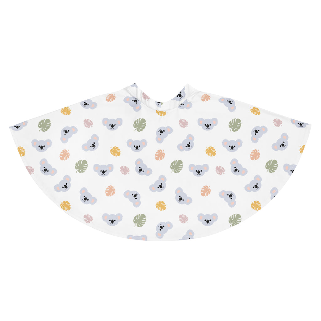 White children’s cape with playful gray koalas and soft green yellow pink tropical leaves pattern