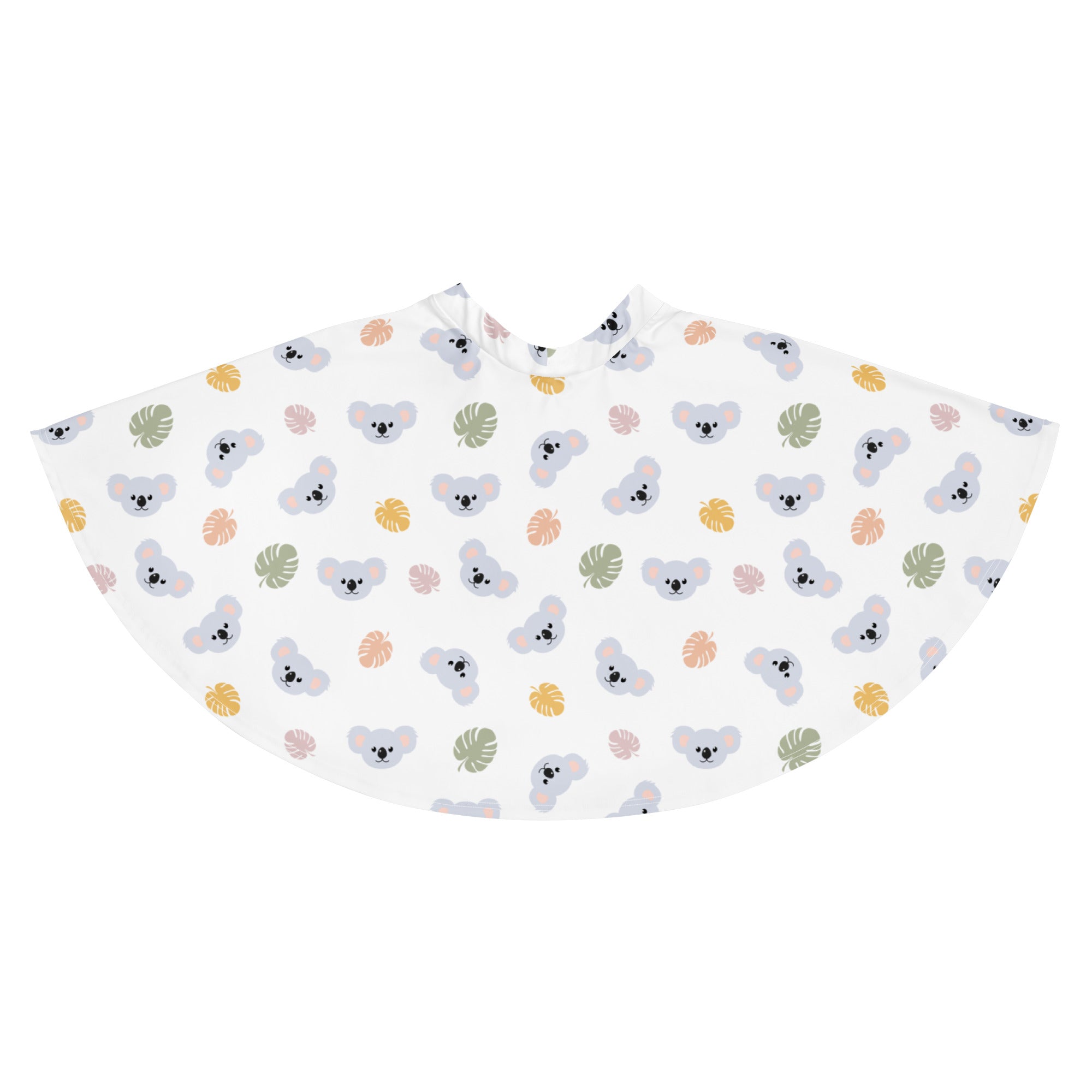 White children’s cape with playful gray koalas and soft green yellow pink tropical leaves pattern