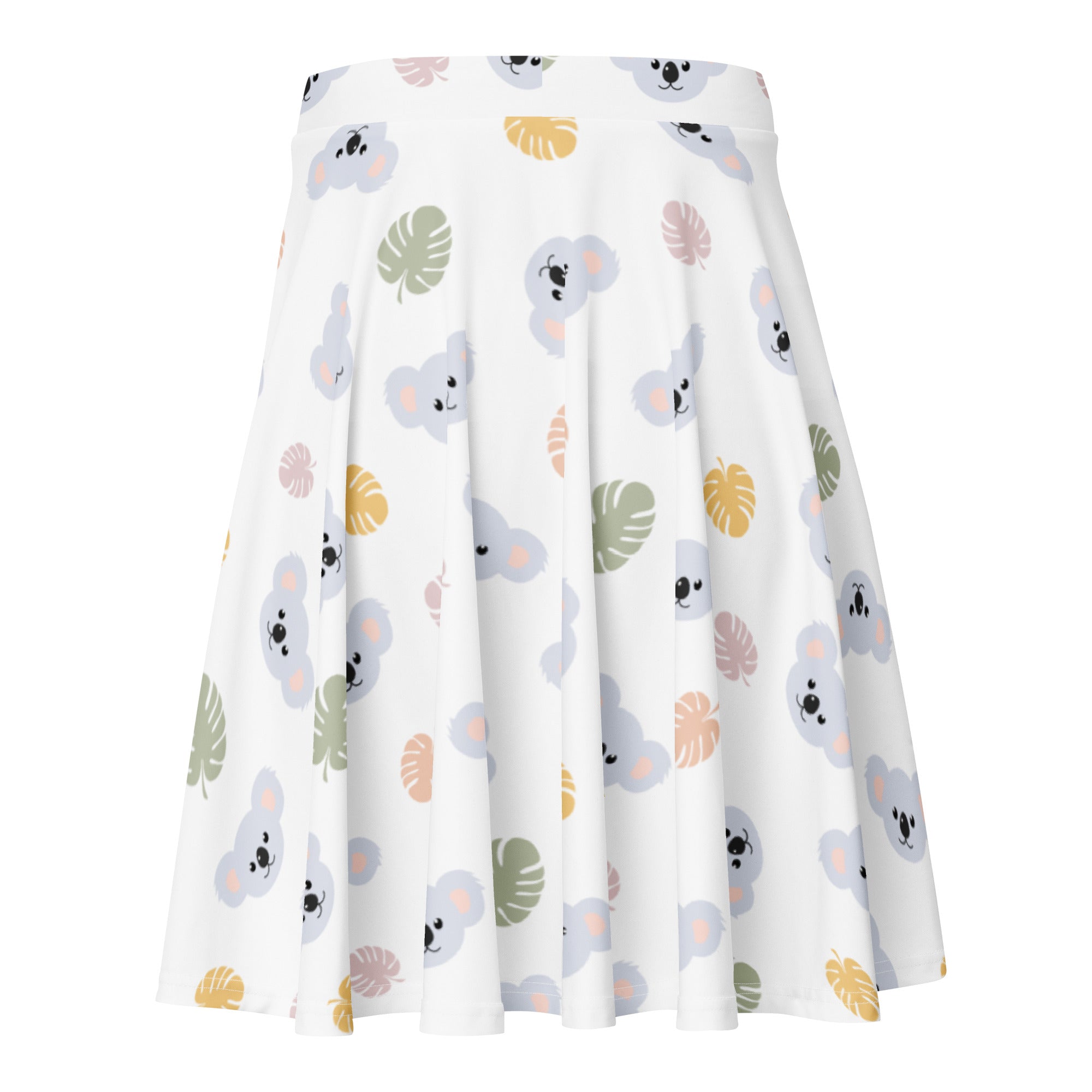 White pleated skater skirt with gray koala and tropical leaf print in soft green yellow and pink made from recycled fabric with upf 50+