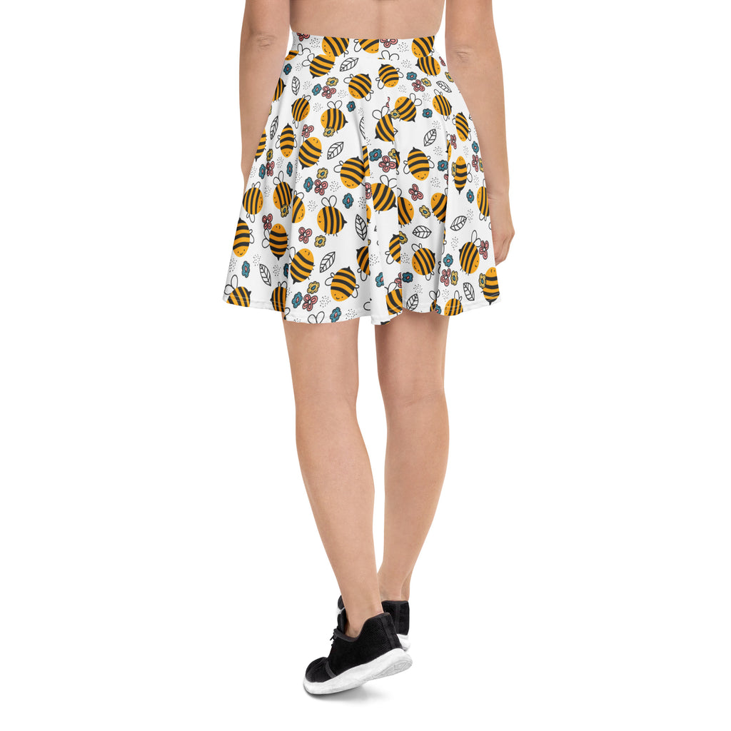 Women’s white floral yellow bumblebee skater skirt with bees leaves flowers flowy high waisted recycled fabric upf 50+