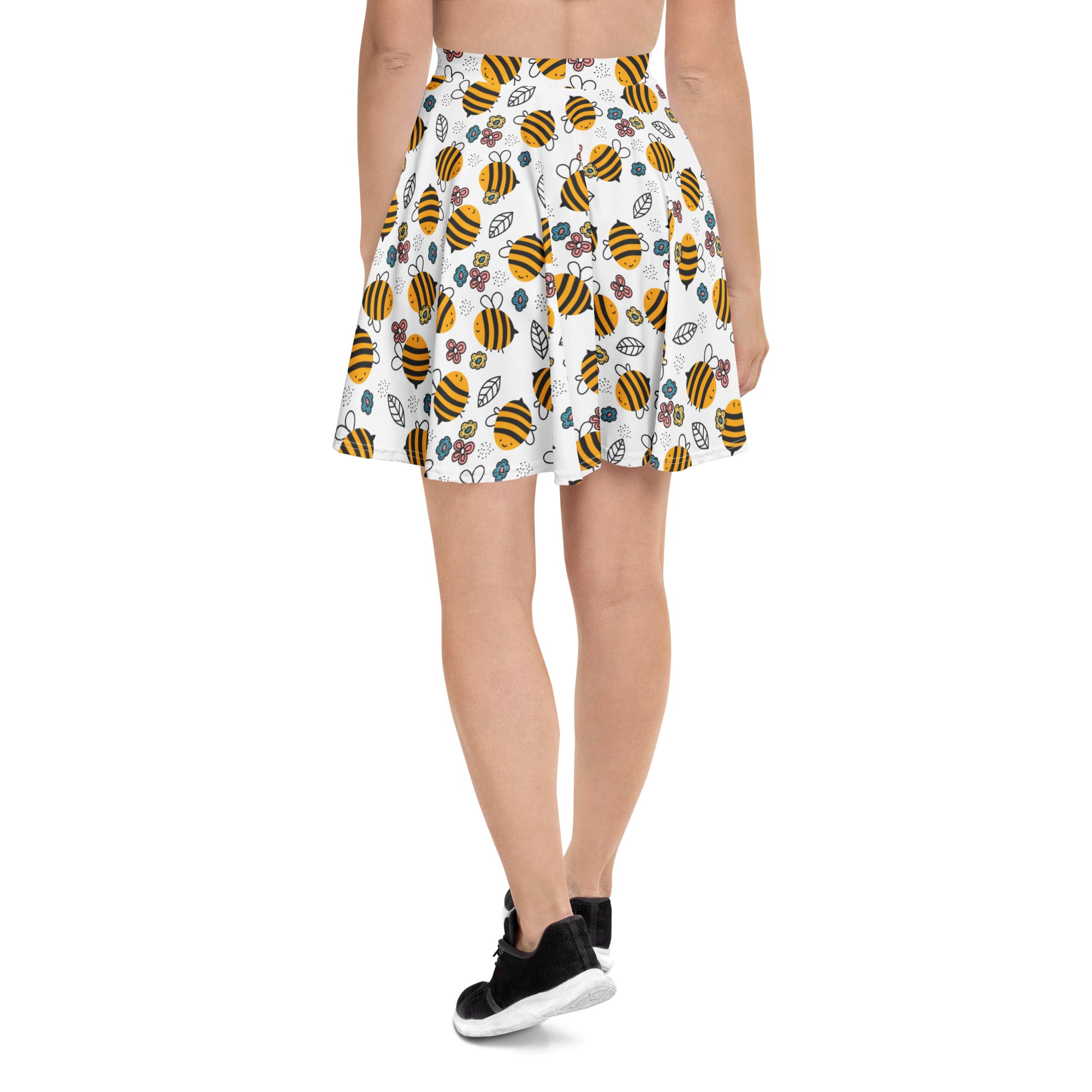 Women’s white floral yellow bumblebee skater skirt with bees leaves flowers flowy high waisted recycled fabric upf 50+