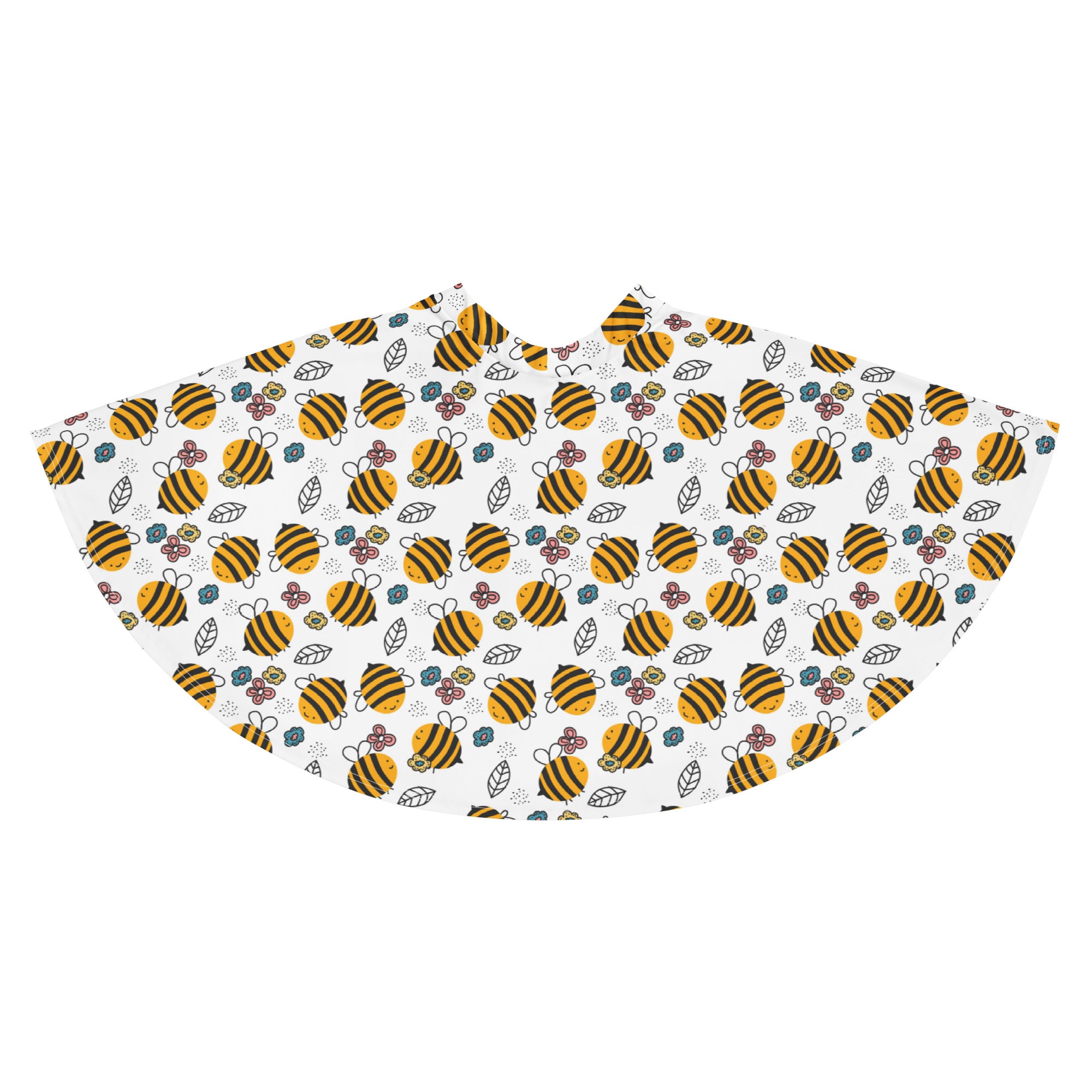 A white women’s floral yellow bumblebee skater skirt with playful bee print flowy high waisted recycled fabric