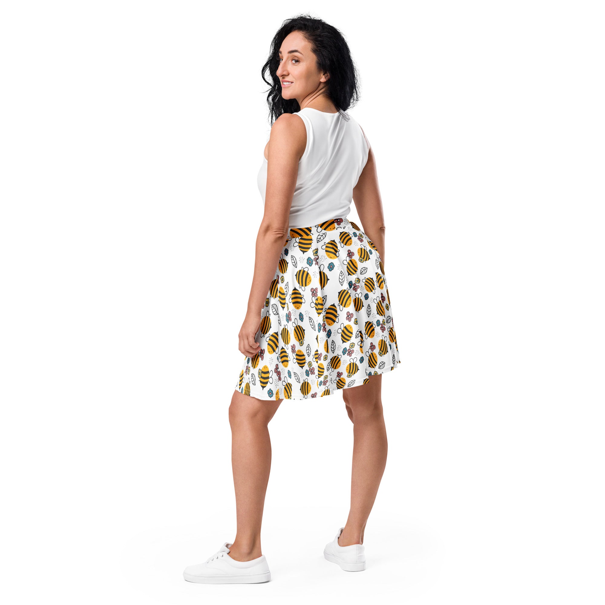 White floral yellow bumblebee skater skirt with green leaves blue flowers flowy high waisted upf 50 plus recycled fabric