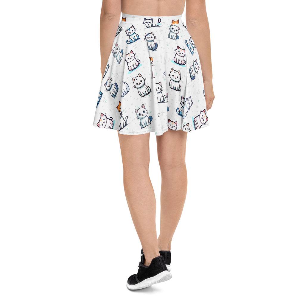 White pleated cat print skater skirt with playful cartoon cats, flowy high waisted with upf 50 and recycled fabric