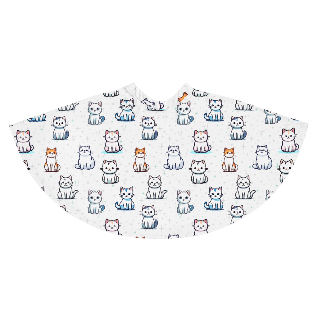 White women’s cat print skater skirt with playful multicolor cartoon cats, flowy high waisted with upf 50+ recycled fabric