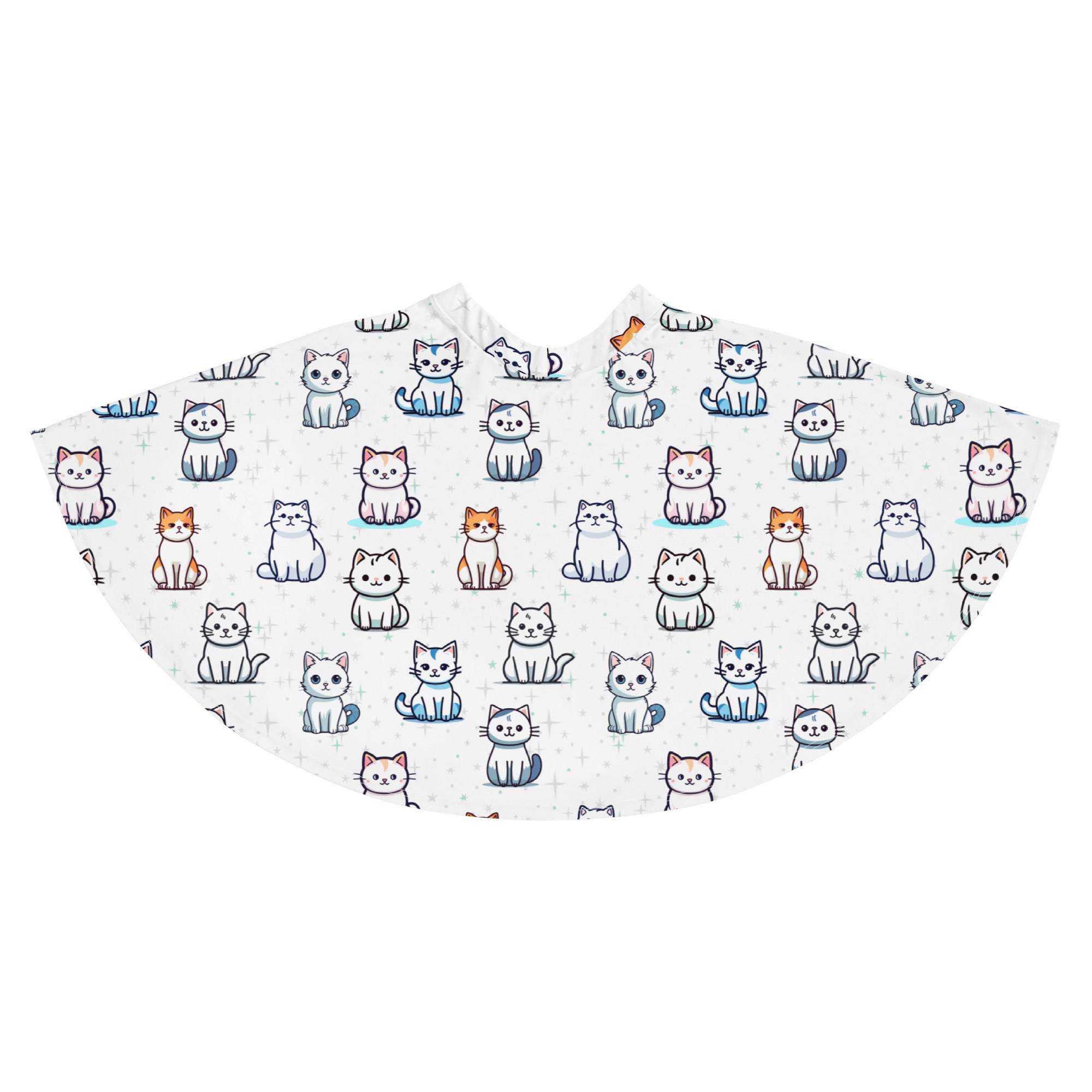 White women’s cat print skater skirt with playful multicolor cartoon cats, flowy high waisted with upf 50+ recycled fabric