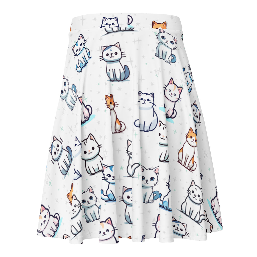 White pleated women’s cat print skater skirt with colorful cartoon cats flowy high waisted recycled fabric upf 50+