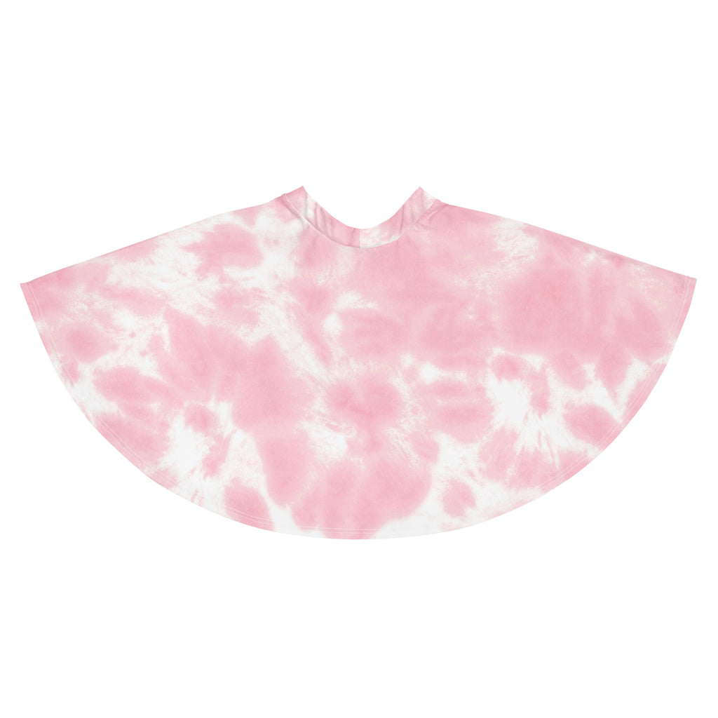 Women’s pink and white tie dye cape with rounded neckline made from recycled fabric and upf 50 plus protection