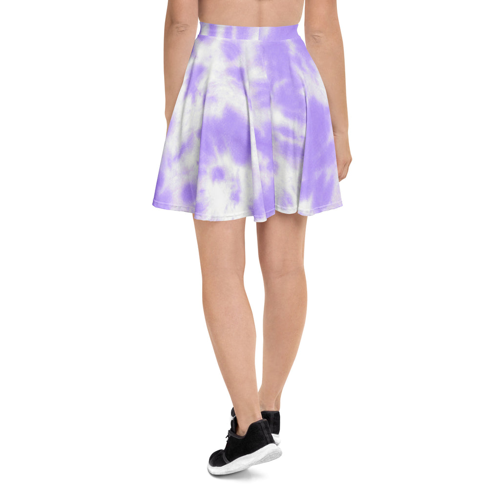 Women’s purple tie dye skater skirt with flared soft lavender and white pattern made of lightweight recycled fabric