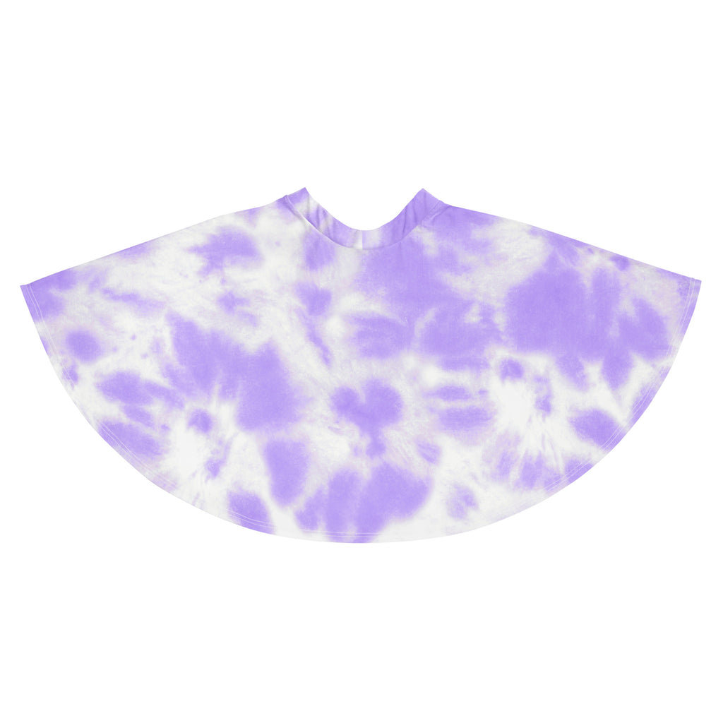 A soft lavender and white tie dye cape with rounded neckline paired with a women’s purple tie dye skater skirt