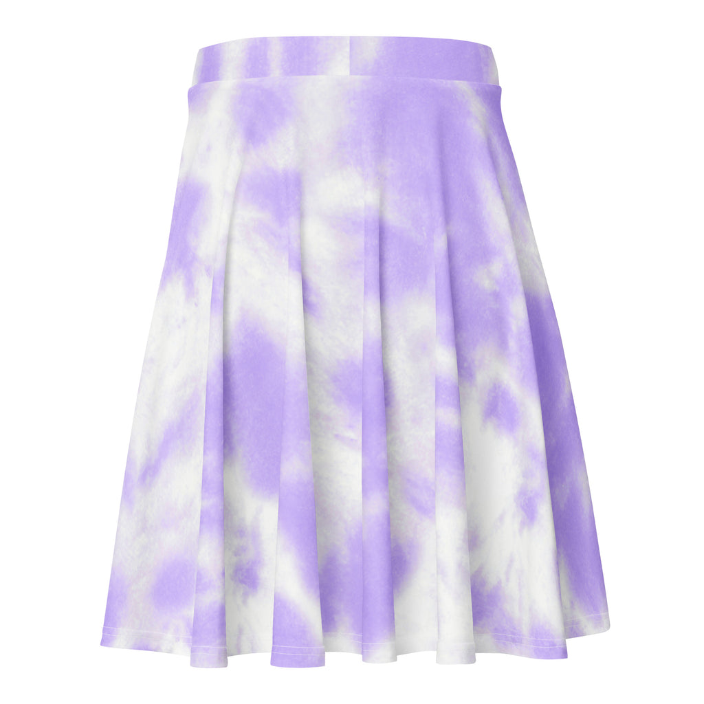 A pleated women’s purple tie dye skater skirt with flowy high waist made from recycled fabric with UPF 50+ protection