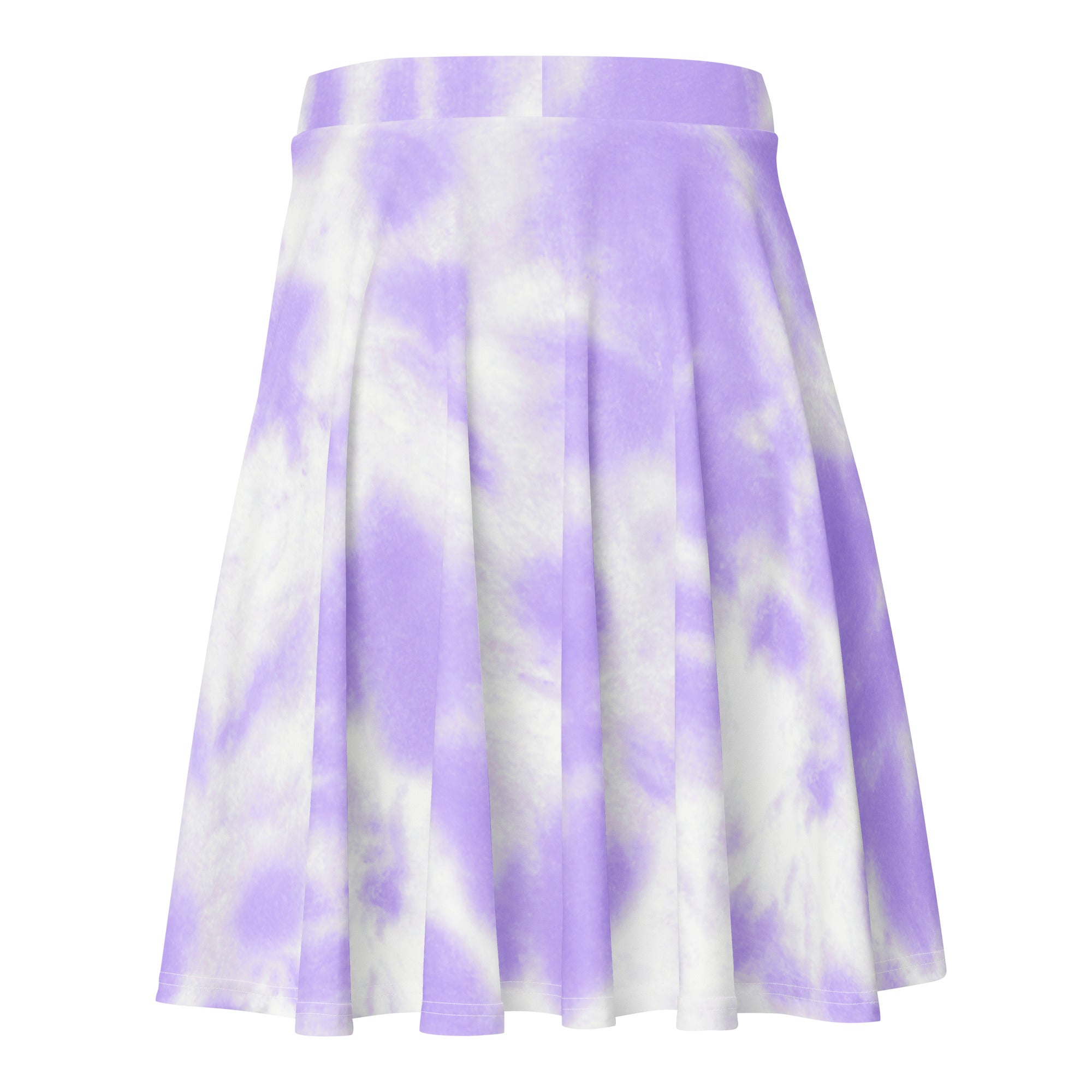 A pleated women’s purple tie dye skater skirt with flowy high waist made from recycled fabric with UPF 50+ protection