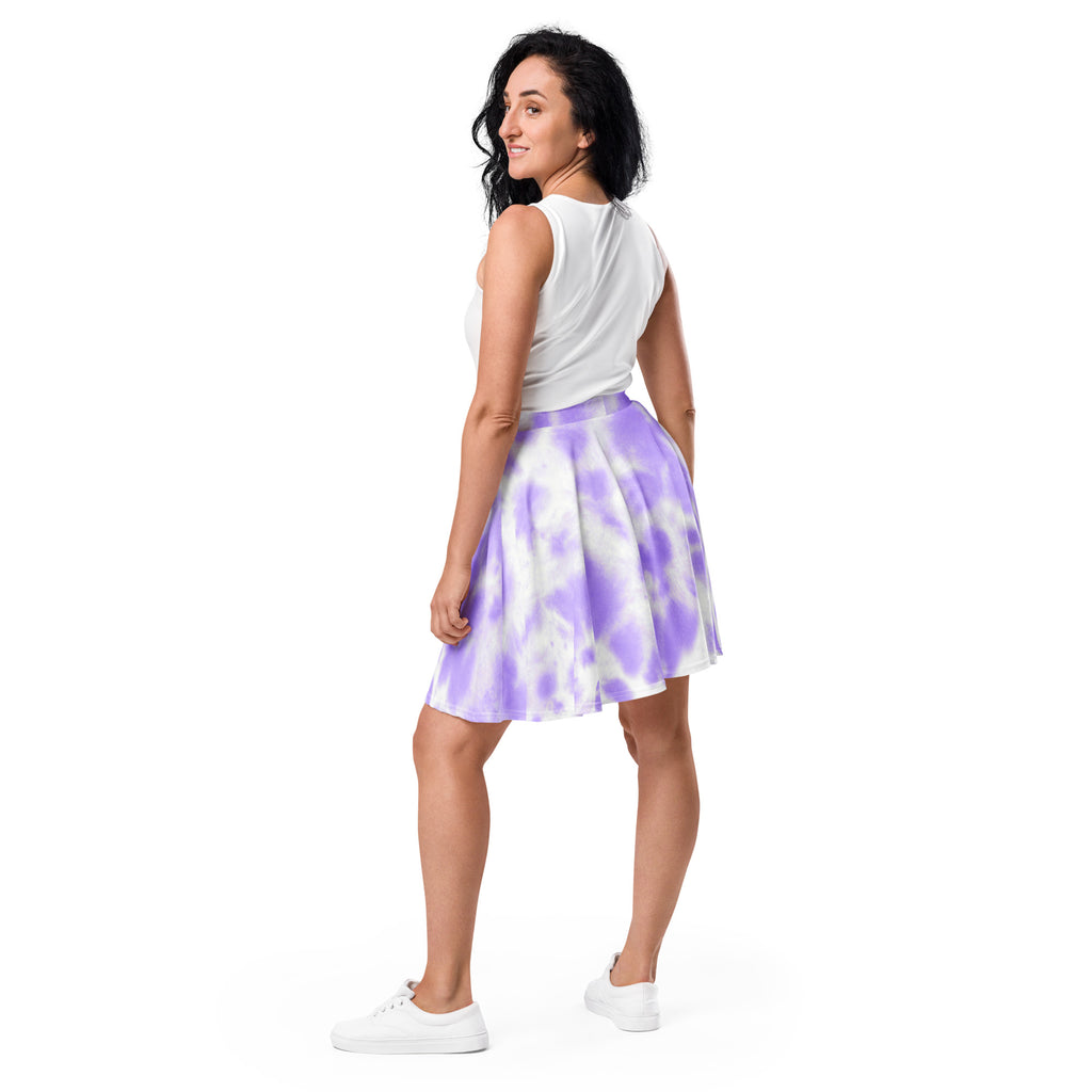 A flared lavender and white tie dye skater skirt with flowy recycled fabric and upf 50 plus protection for women