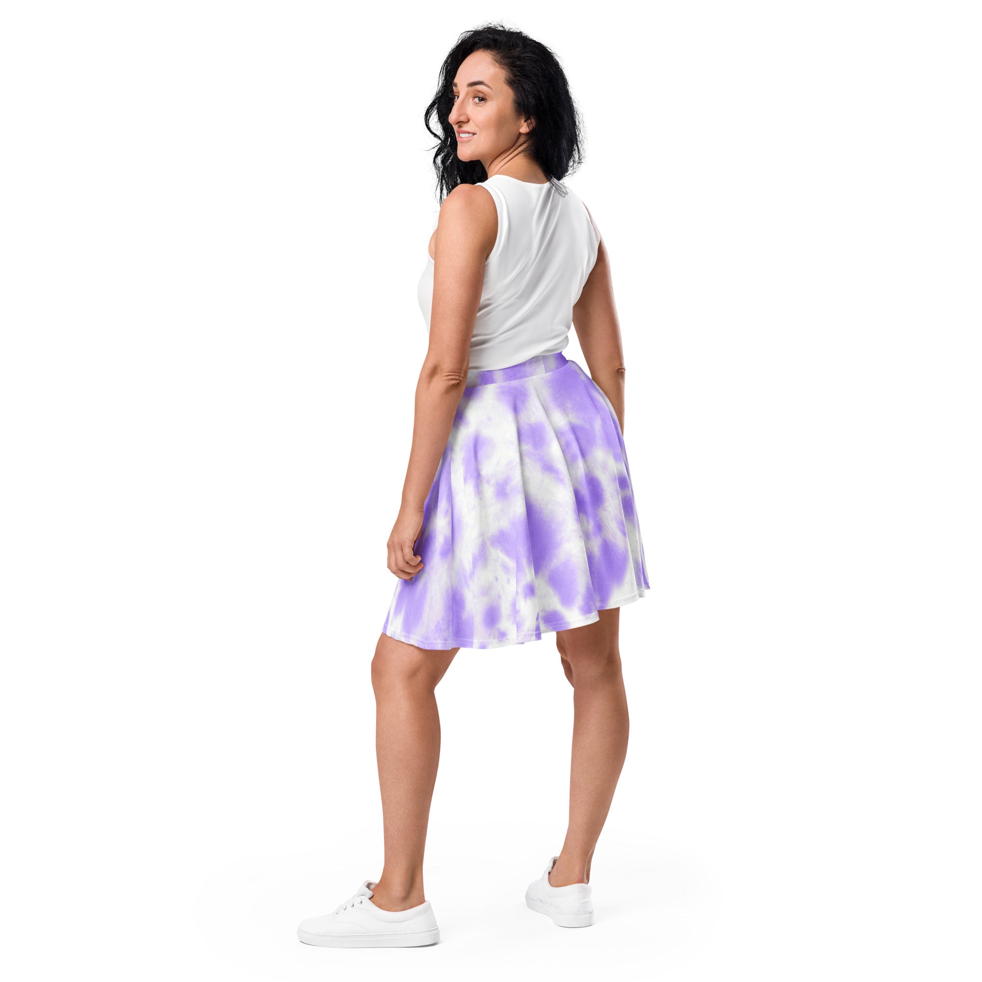 A flared lavender and white tie dye skater skirt with flowy recycled fabric and upf 50 plus protection for women