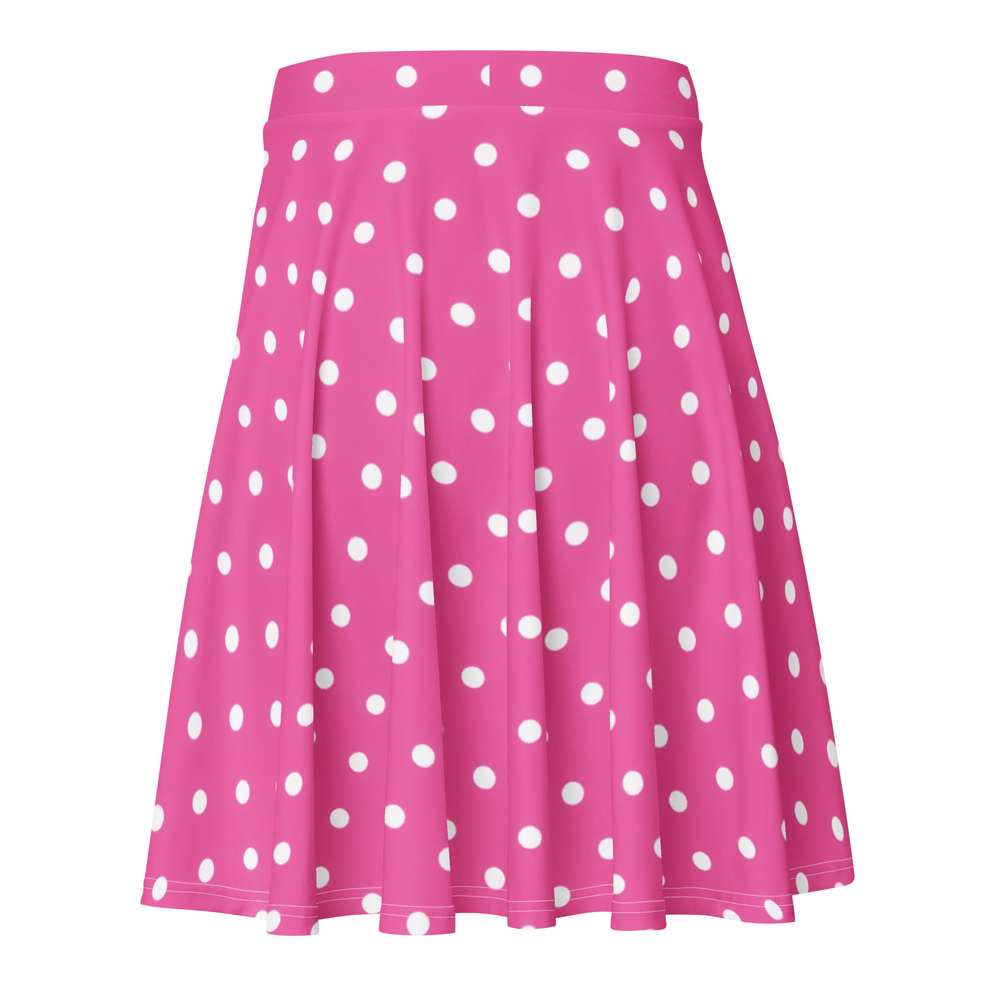 A vibrant pink high waisted skater skirt with white polka dots made from recycled fabric and UPF 50+ protection