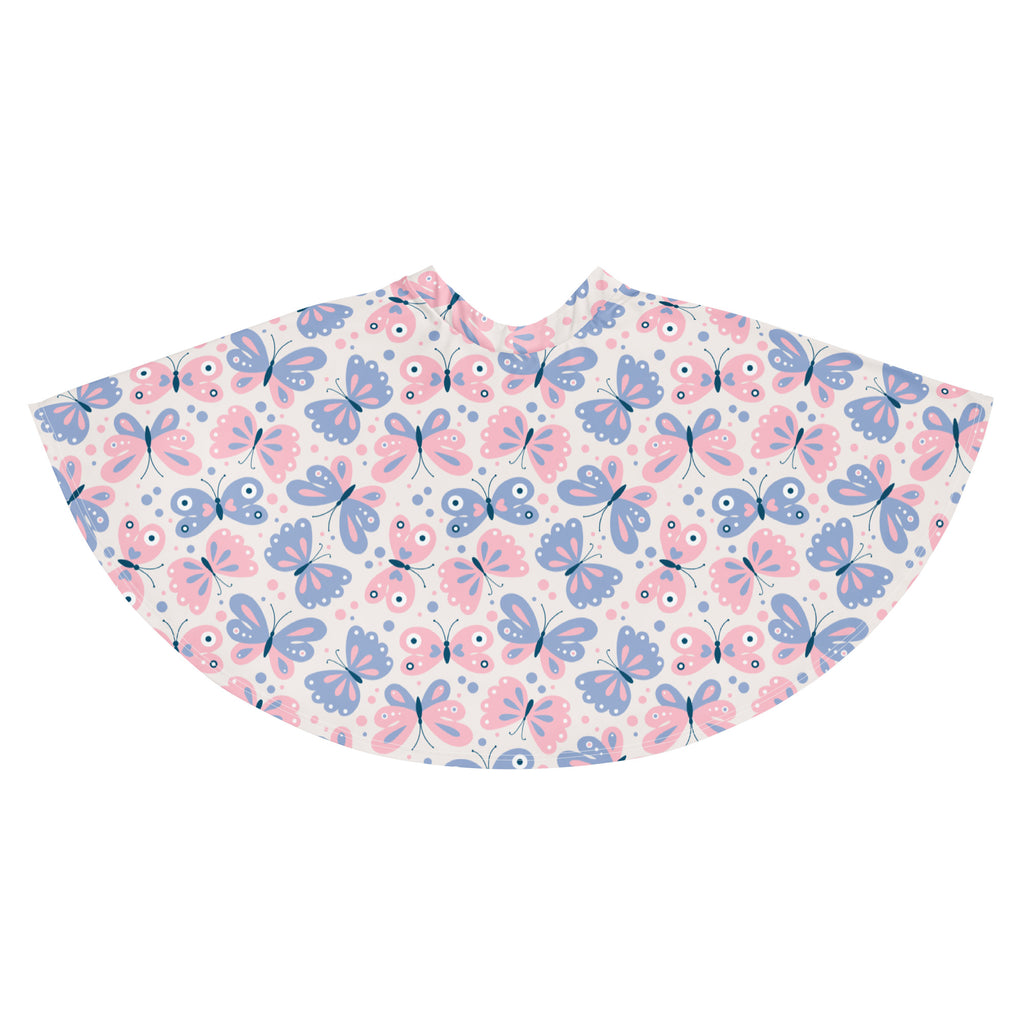 Woman wearing a soft white skater skirt with pink and blue butterfly print made from recycled fabric with upf 50+
