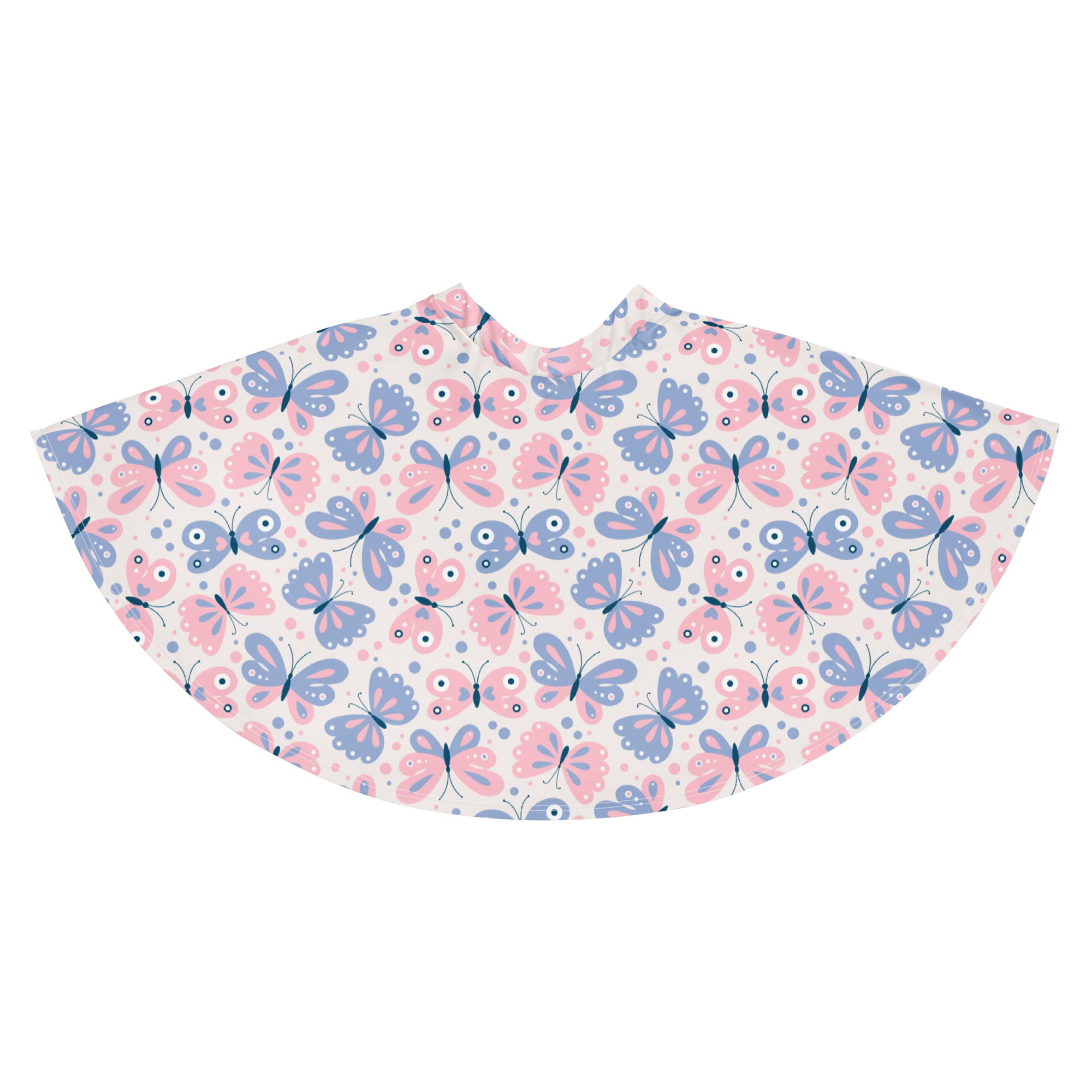 Woman wearing a soft white skater skirt with pink and blue butterfly print made from recycled fabric with upf 50+