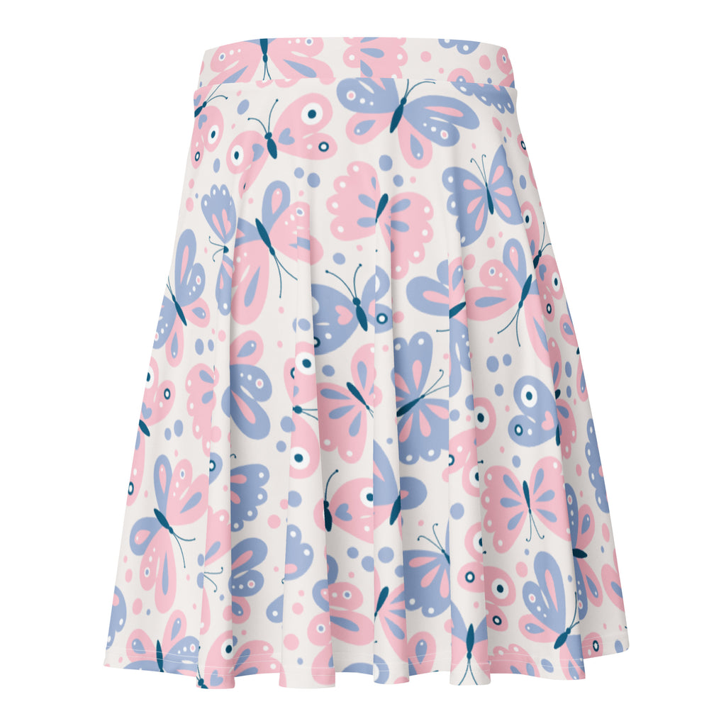 Women’s butterfly print skater skirt with pink and blue butterflies on white pleated recycled fabric with upf 50 plus