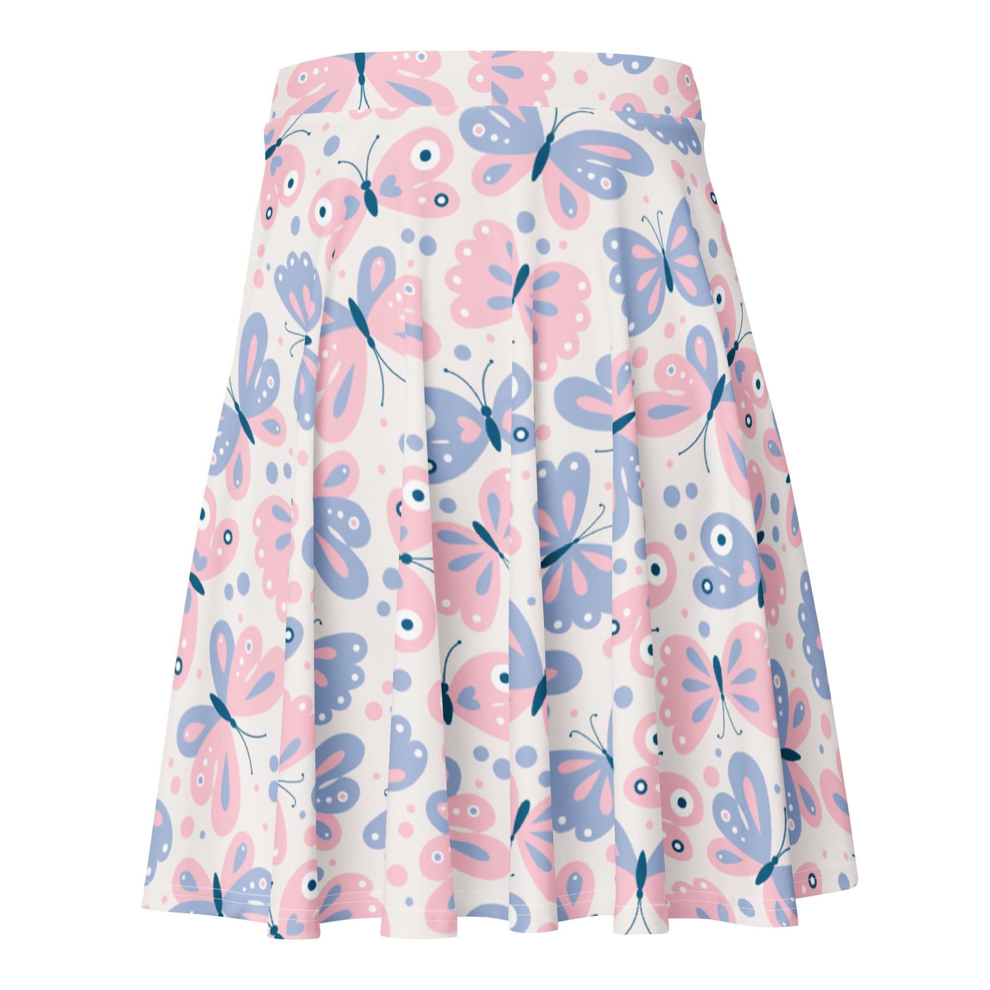 Women’s butterfly print skater skirt with pink and blue butterflies on white pleated recycled fabric with upf 50 plus