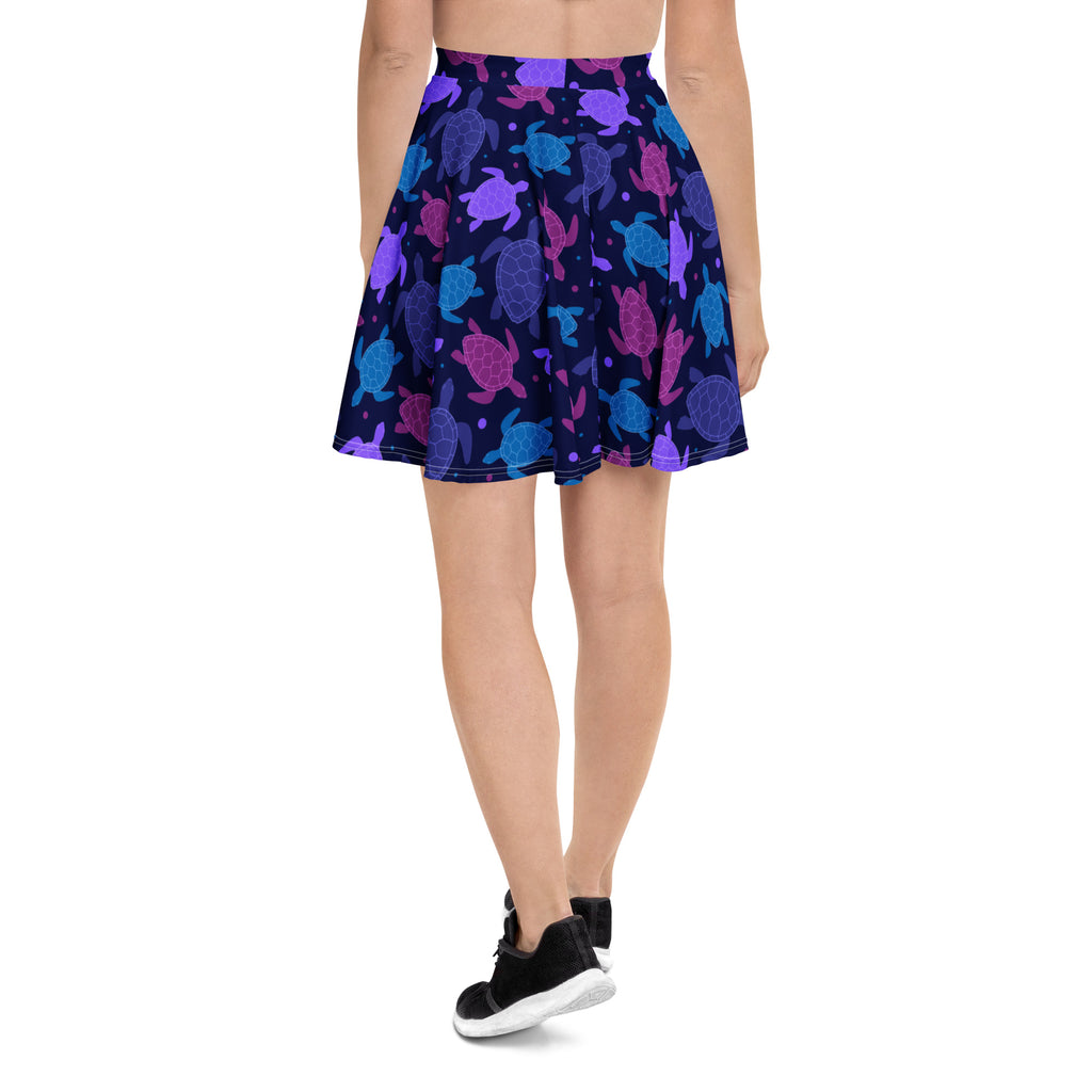 Women’s purple sea turtle skater skirt with vibrant print flowy high waisted made from recycled fabric with upf 50+