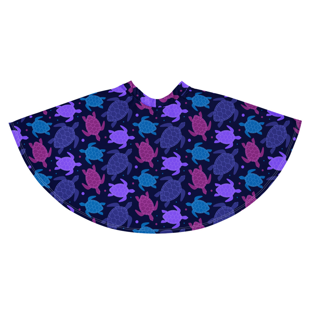 A navy blue fabric cape with vibrant purple pink and teal sea turtle patterns complementing a womens purple sea turtle skater skirt