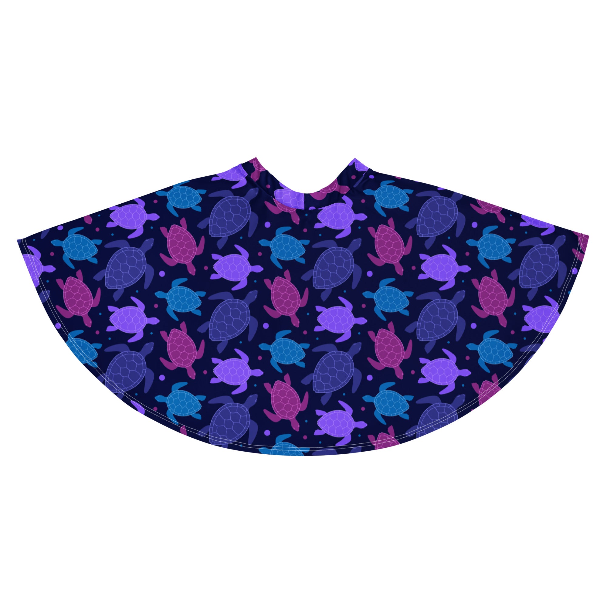 A navy blue fabric cape with vibrant purple pink and teal sea turtle patterns complementing a womens purple sea turtle skater skirt