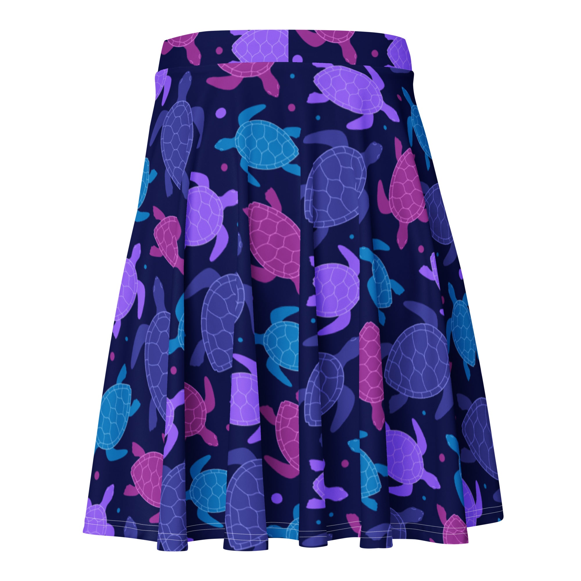 Women’s purple sea turtle skater skirt with vibrant pattern, flowy high waisted design, UPF 50+, recycled fabric