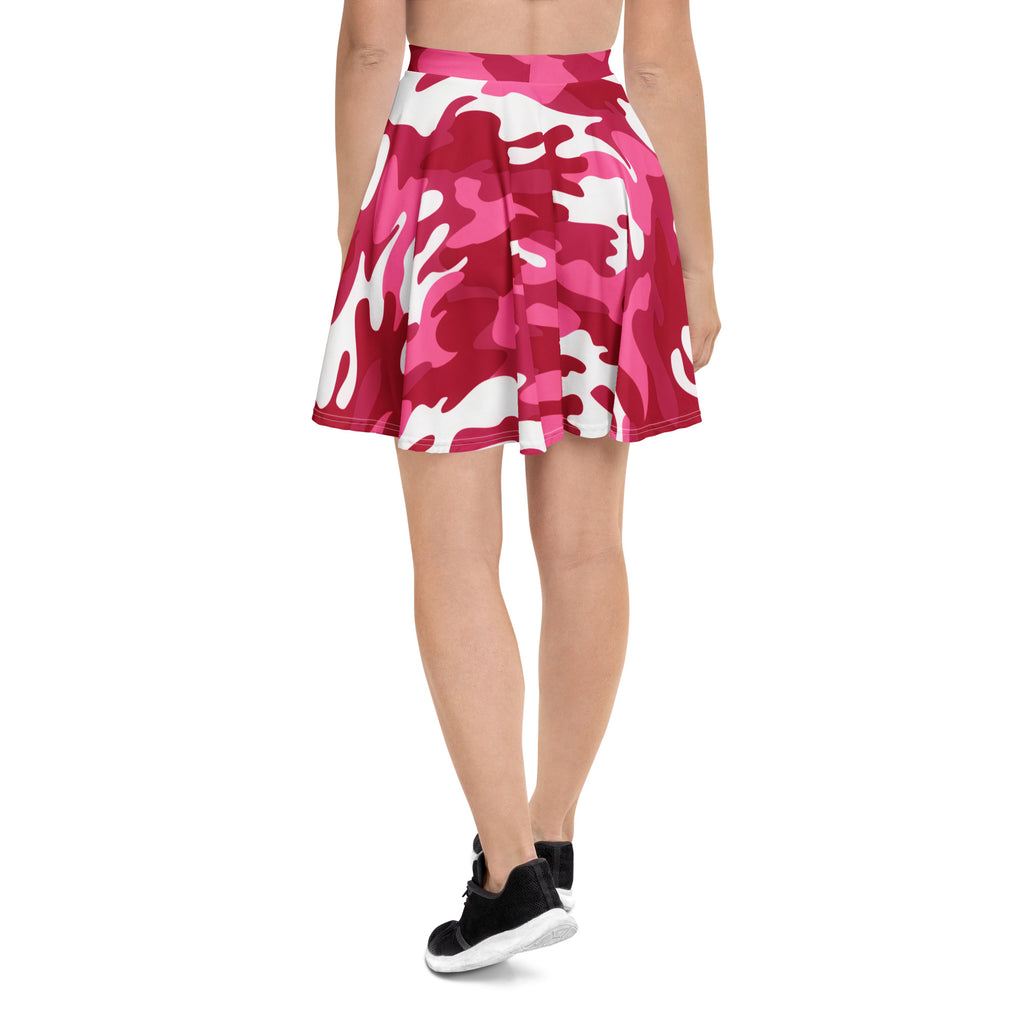 A flared hot pink and white camouflage skater skirt made from smooth stretchy recycled fabric with upf 50 plus protection