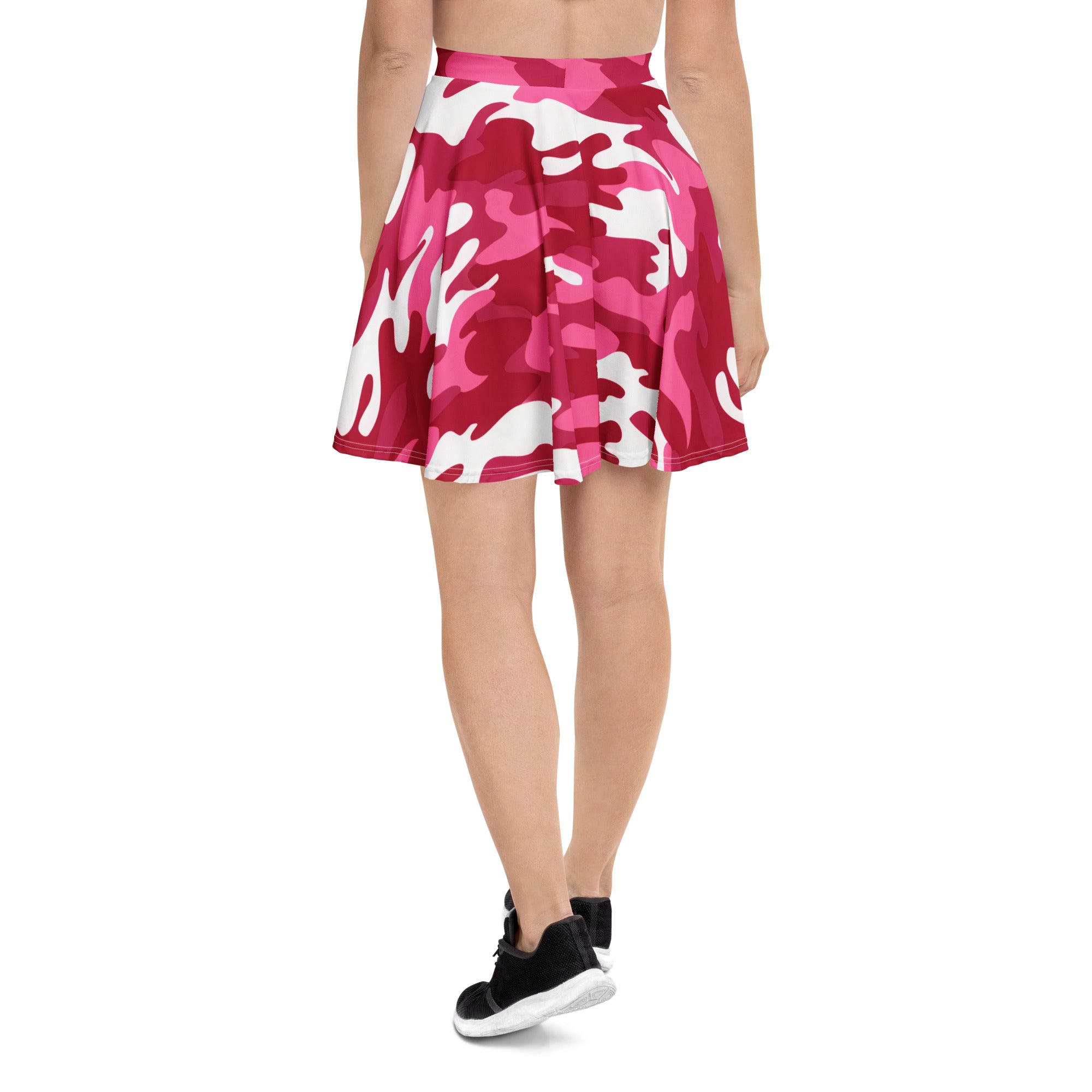 A flared hot pink and white camouflage skater skirt made from smooth stretchy recycled fabric with upf 50 plus protection