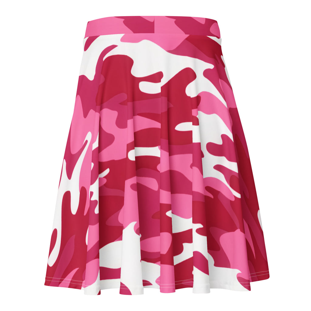 A flared women’s hot pink and white camouflage skater skirt with pleated recycled fabric and UPF 50 plus protection