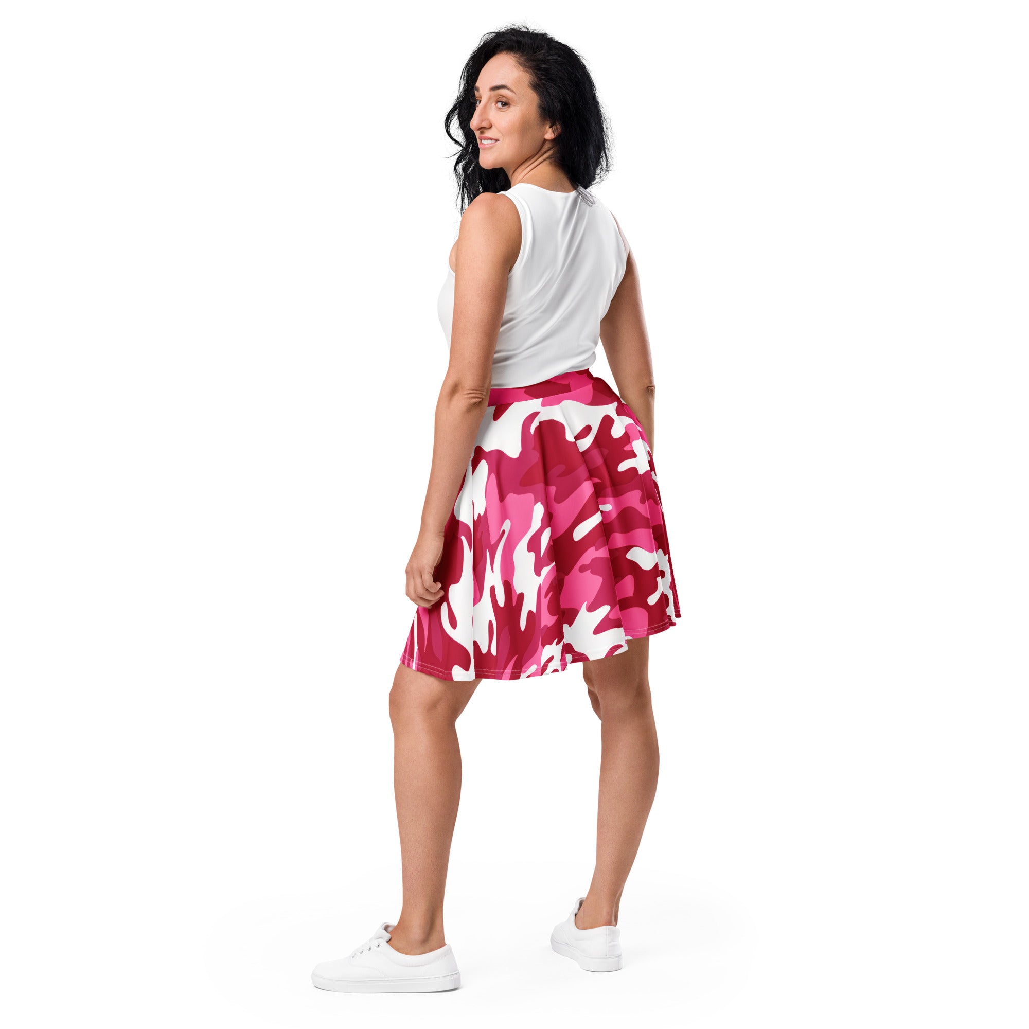Women’s hot pink camouflage skater skirt with flare pattern made of lightweight recycled fabric and upf 50+ protection